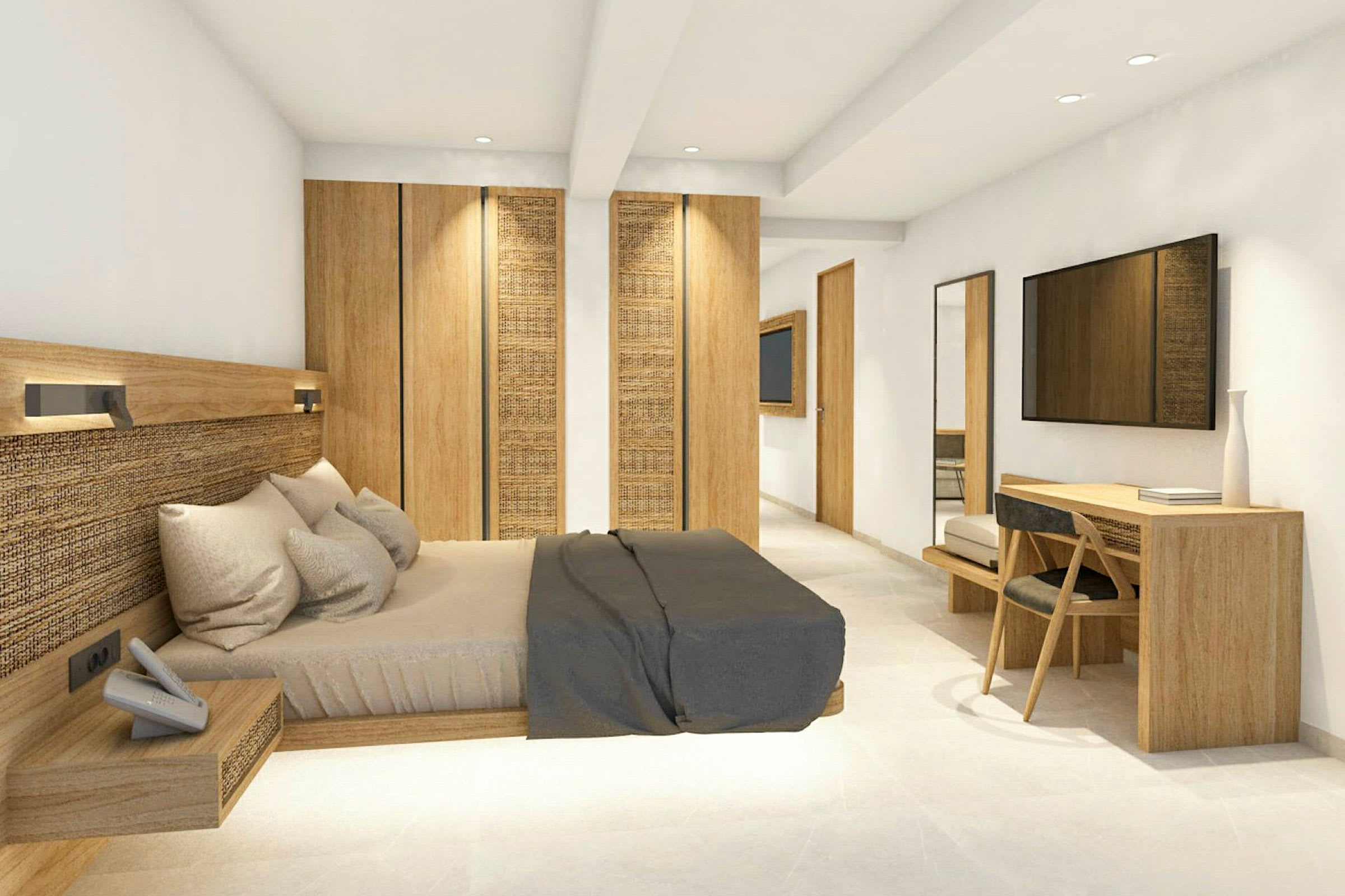 Ett hotellrum med modern inredning, dubbelsäng och trämöbler. (AI-genererad text)