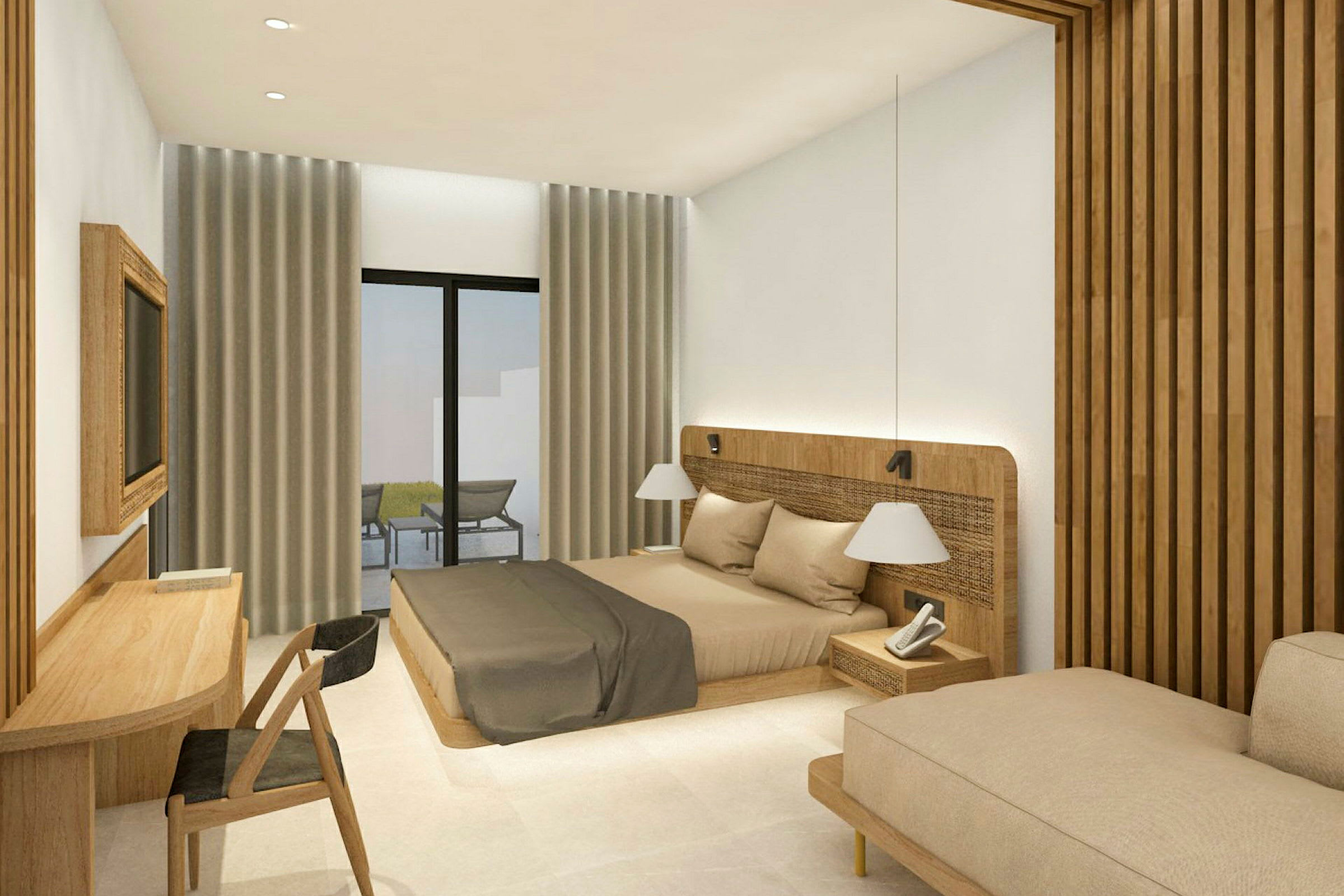 Ett hotellrum med modern inredning, en dubbelsäng, skrivbord, och en soffa. Stora fönster med gardiner och utsikt mot en terrass. (AI-genererad text)