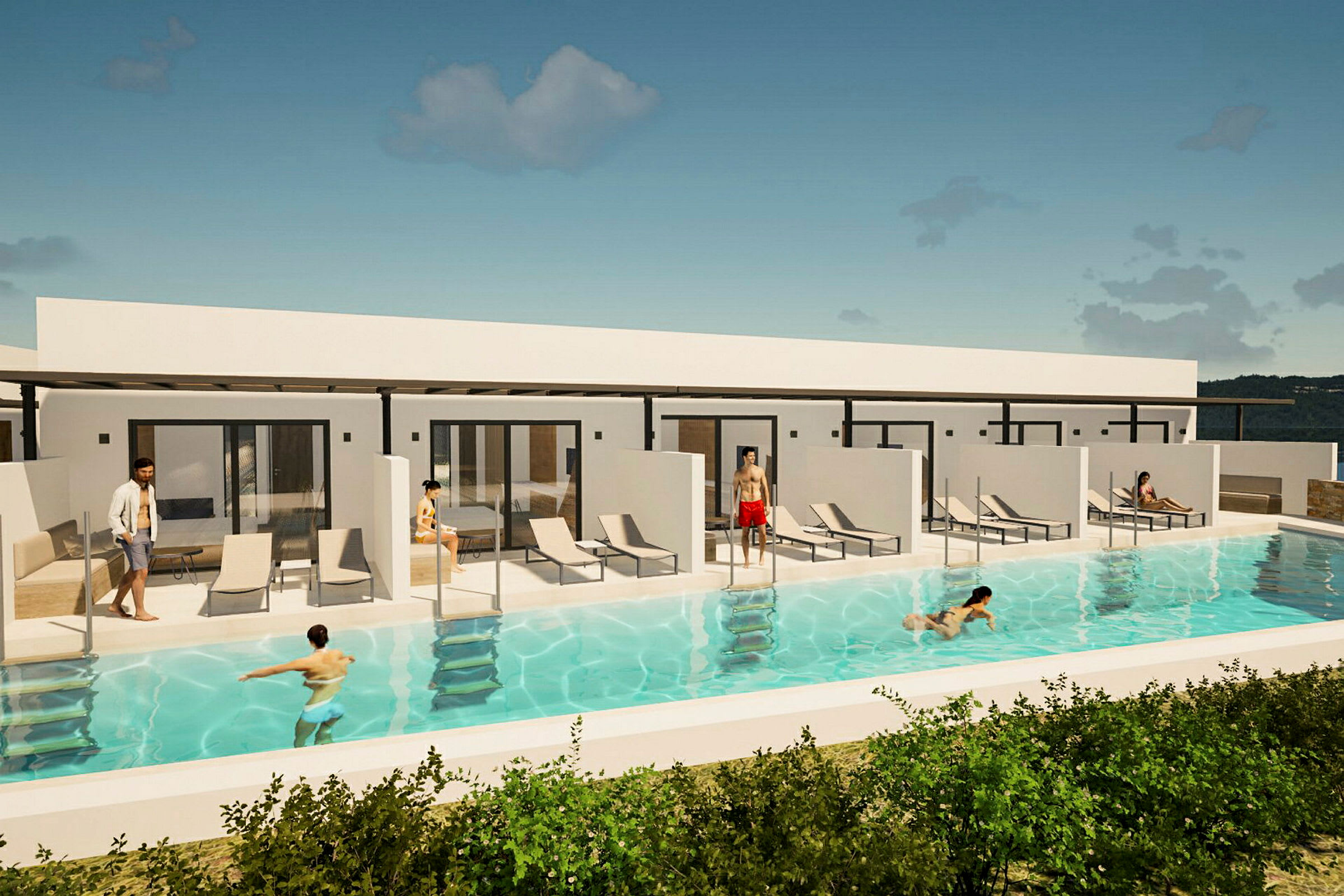 En pool framför semestervillor med solstolar och människor runt om. (AI-genererad text)