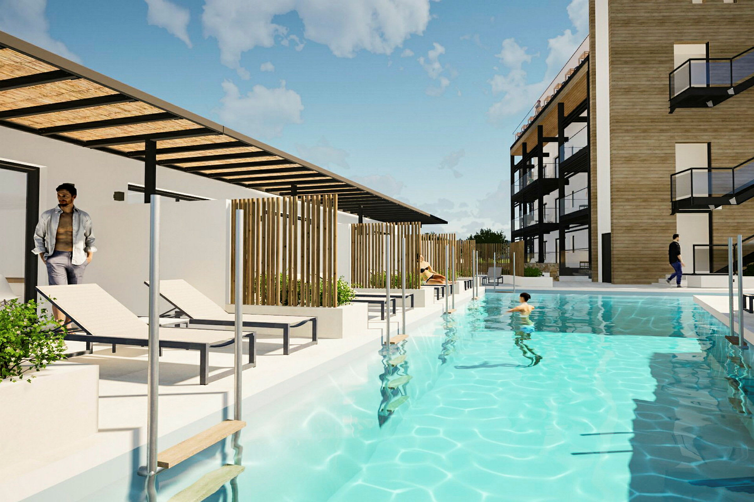 En modern byggnad med en pool och solstolar i förgrunden. (AI-genererad text)
