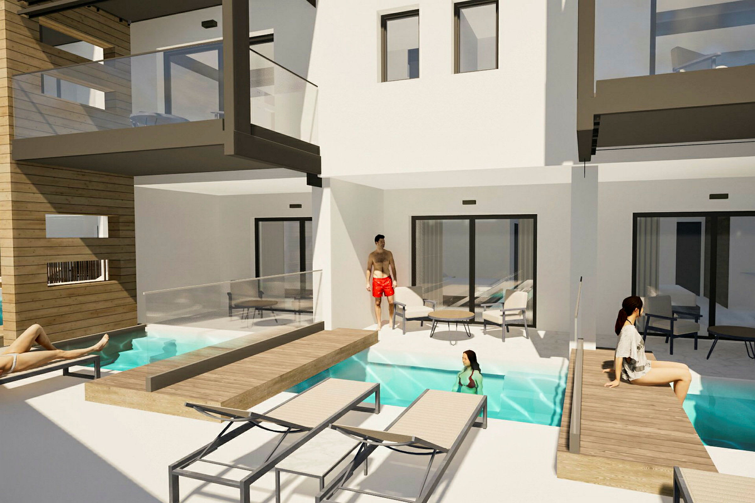 Bilden visar en modern lägenhetsbyggnad med balkonger och en smal pool omgiven av solstolar och trädäck. (AI-genererad text)