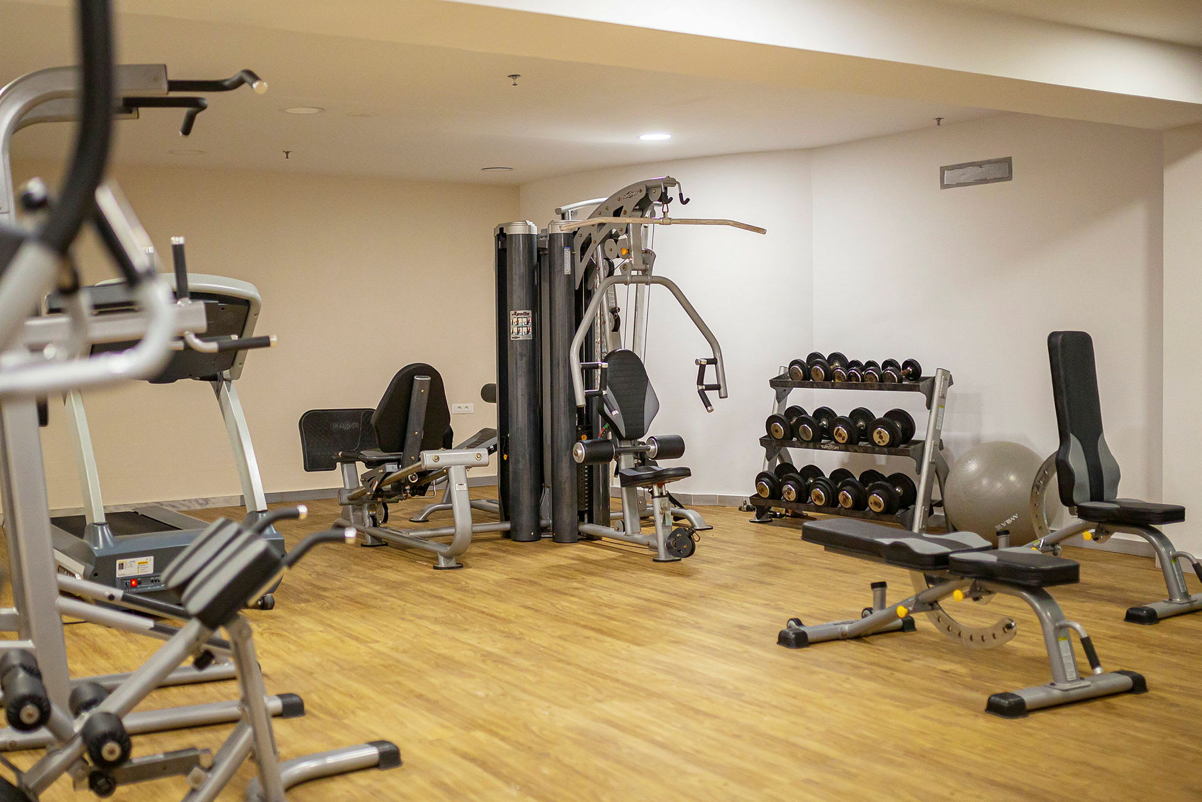 Ett gym med träningsmaskiner, hantlar och bänkar. (AI-genererad text)