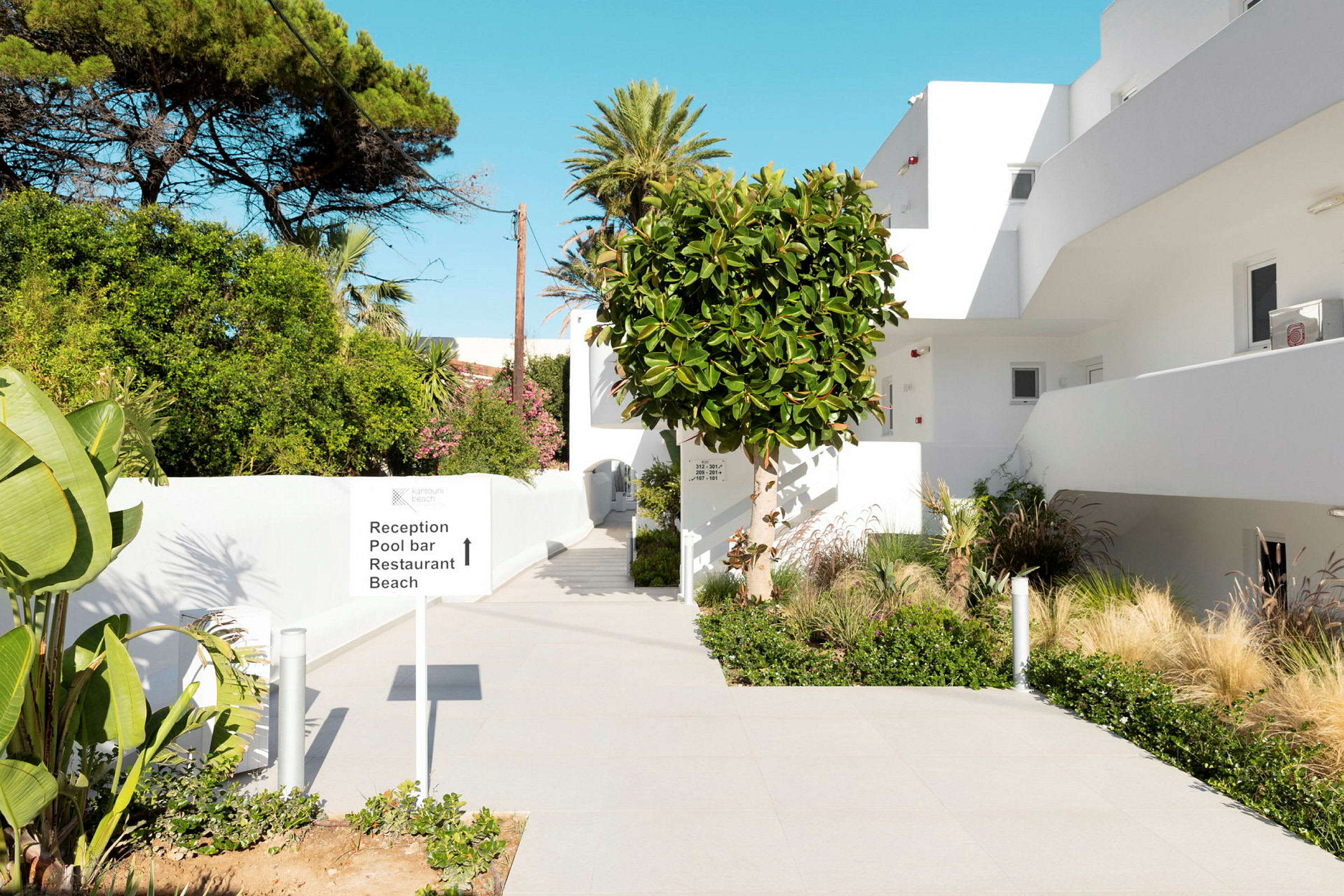 Bild av en ljus gångväg omgiven av grönska, med en enkel byggnad till höger, tropiska träd och en skylt som visar riktningar till reception, poolbar, restaurang och strand. (AI-genererad text)
