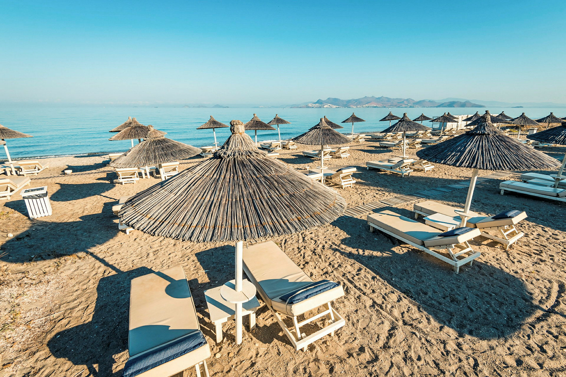 Solstolar under parasoller på en sandstrand med hav i bakgrunden. (AI-genererad text)