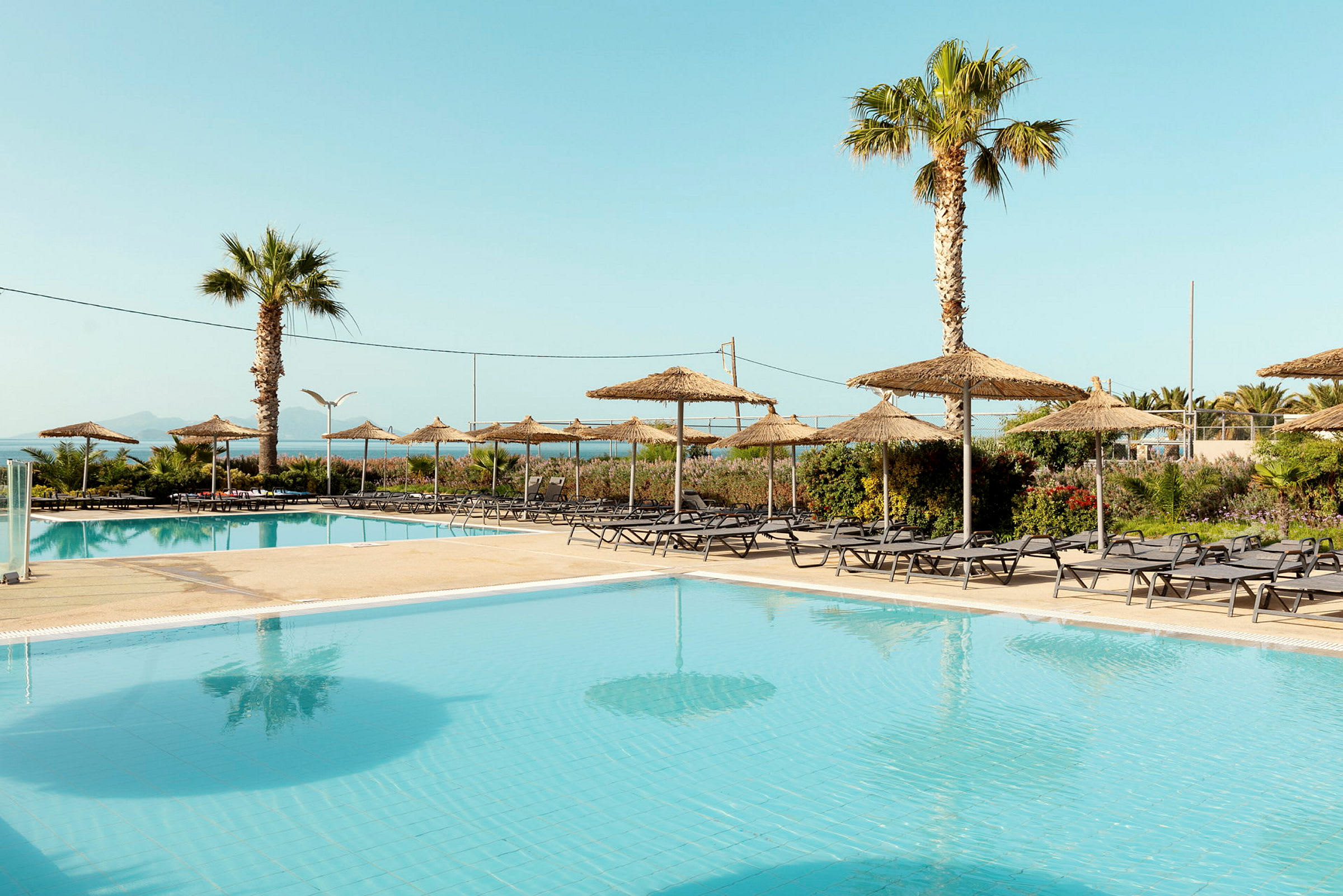 Bild av en pool med solstolar och parasoller i en hotellresort-miljö. (AI-genererad text)