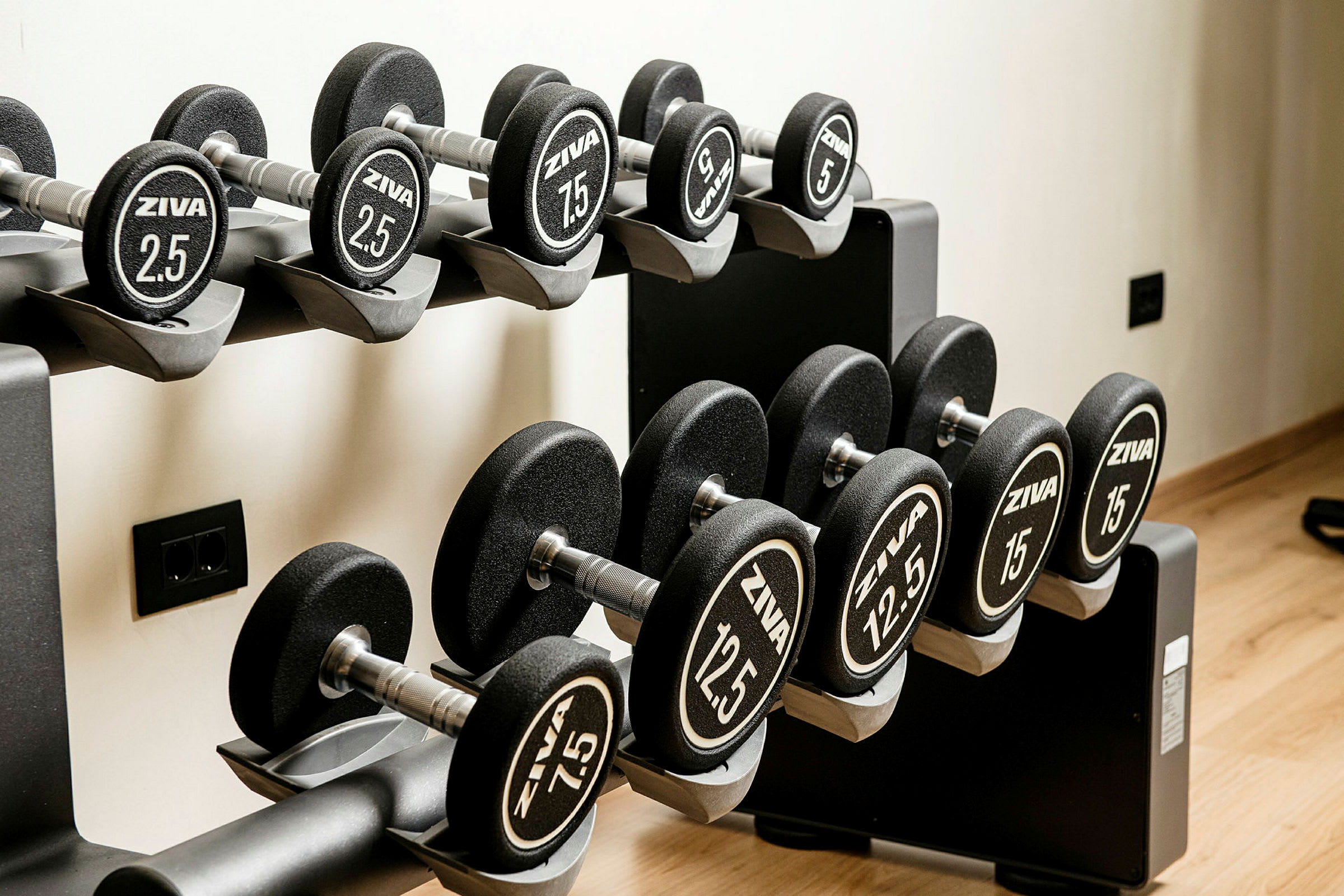 Hantelställ med vikter i olika storlekar på ett gym. (AI-genererad text)
