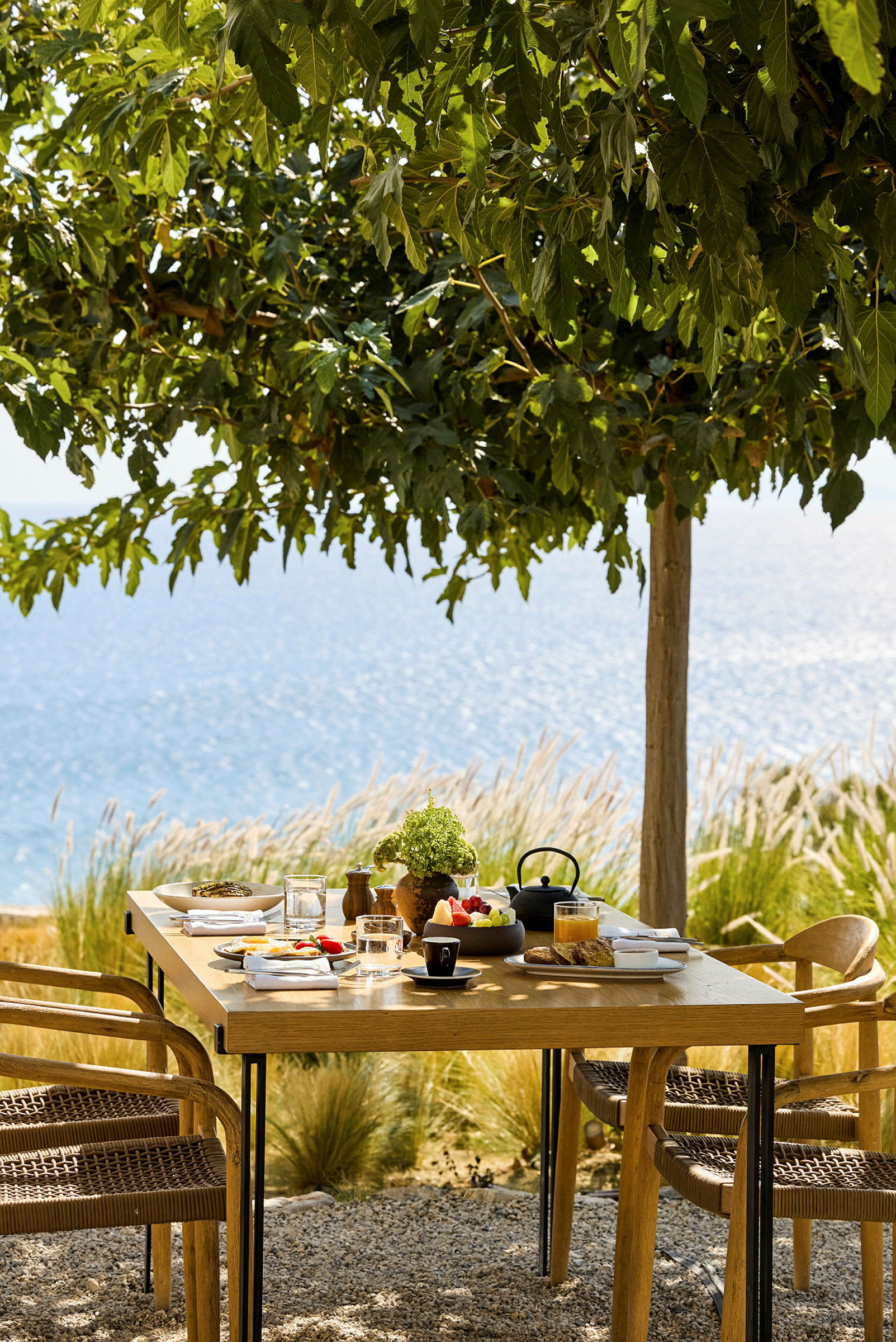 Ett träd skapar skugga över ett bord utomhus som är dukat för frukost med utsikt över havet. (AI-genererad text)
