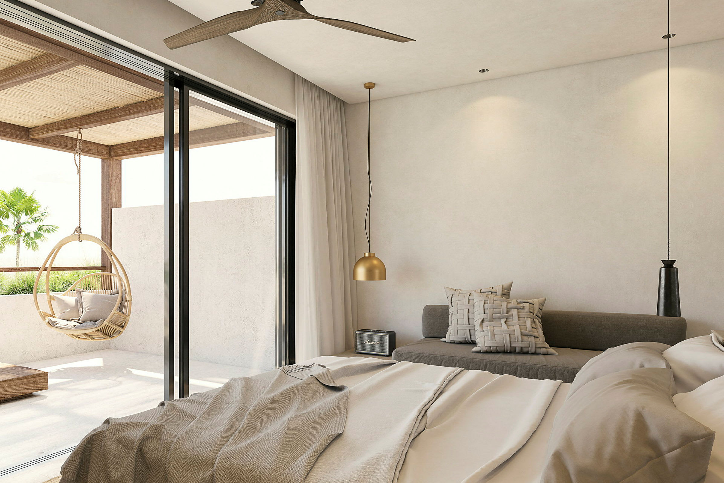 Ett hotellrum med modern design, med en säng, sittplats och stora glasdörrar som ger utsikt mot balkongen med en hängande korgstol. (AI-genererad text)