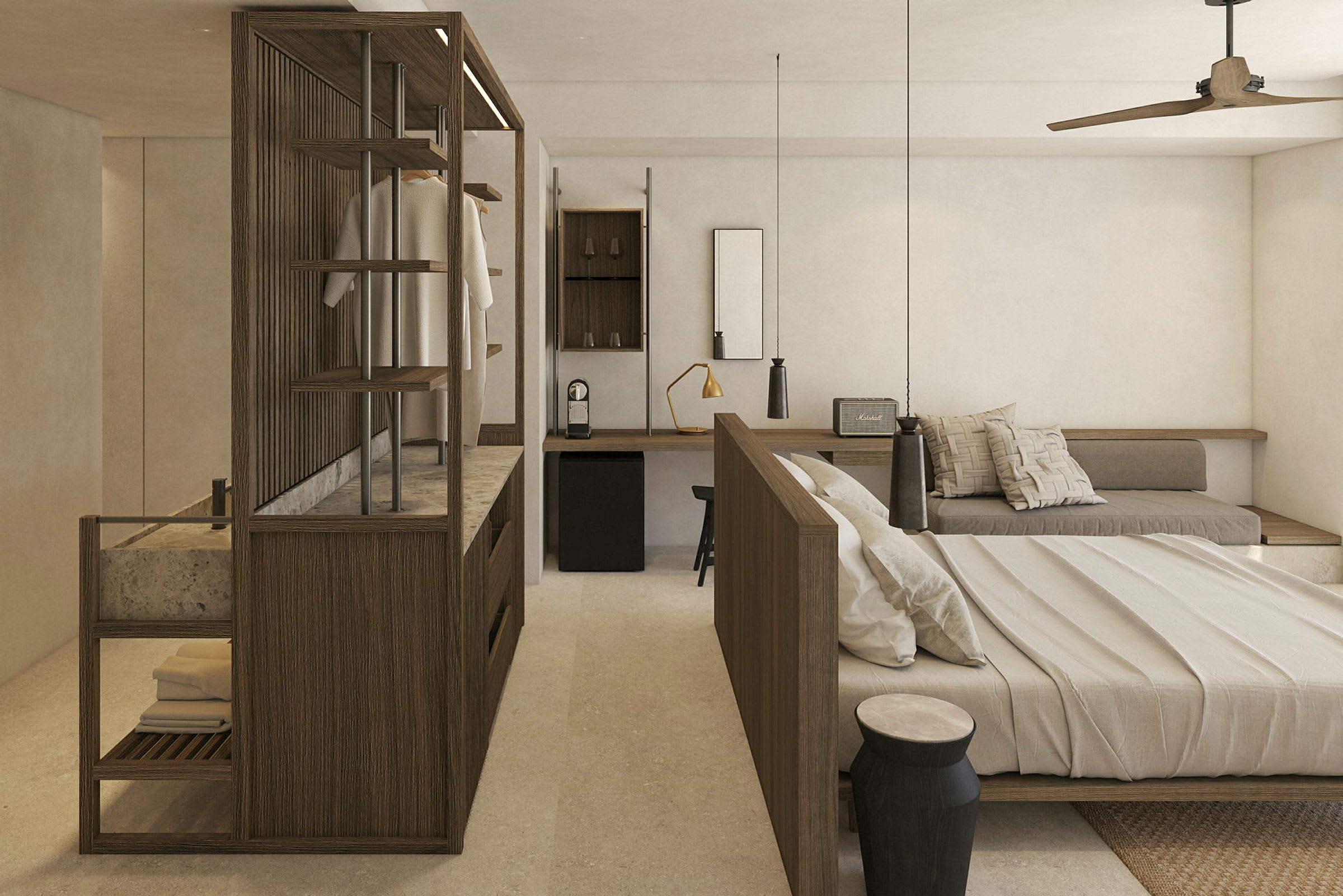 Modernt hotellrum med träinredning och ljusa färger. (AI-genererad text)