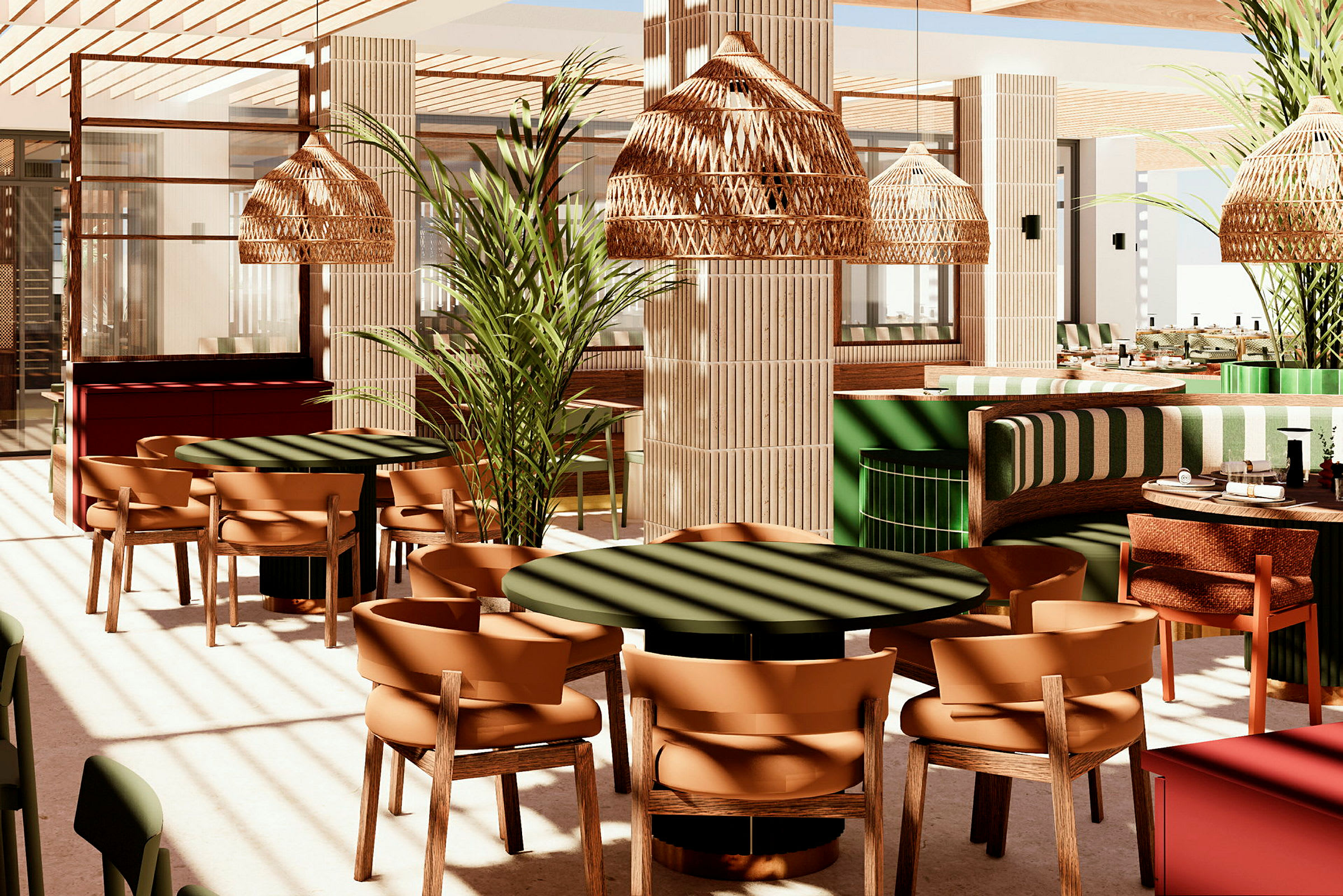 En restauranginteriör med trästolar, runda bord och växter, samt taklampor i flätad design. (AI-genererad text)
