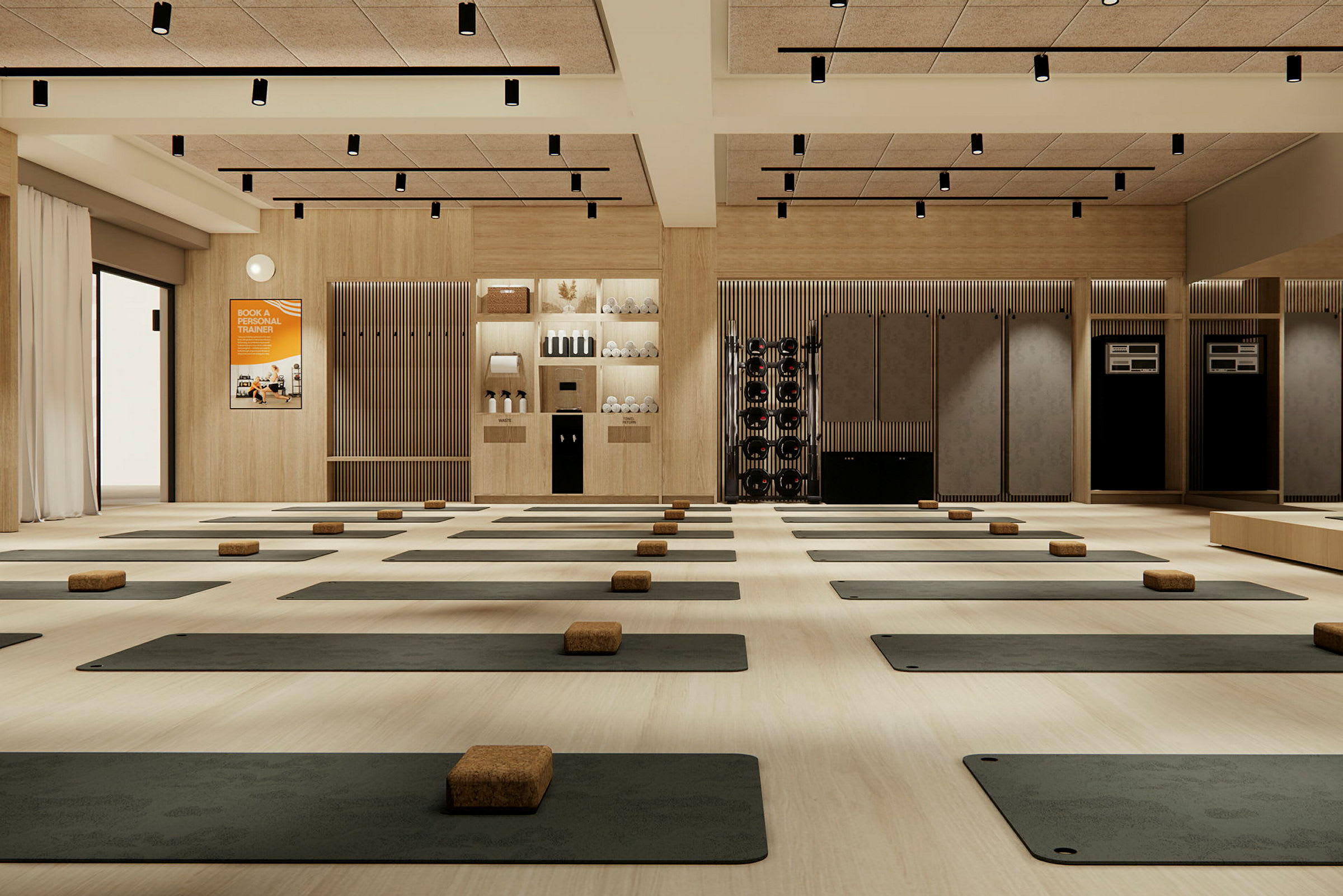 Ett gymrum med yogamattor och klossar på golvet. (AI-genererad text)