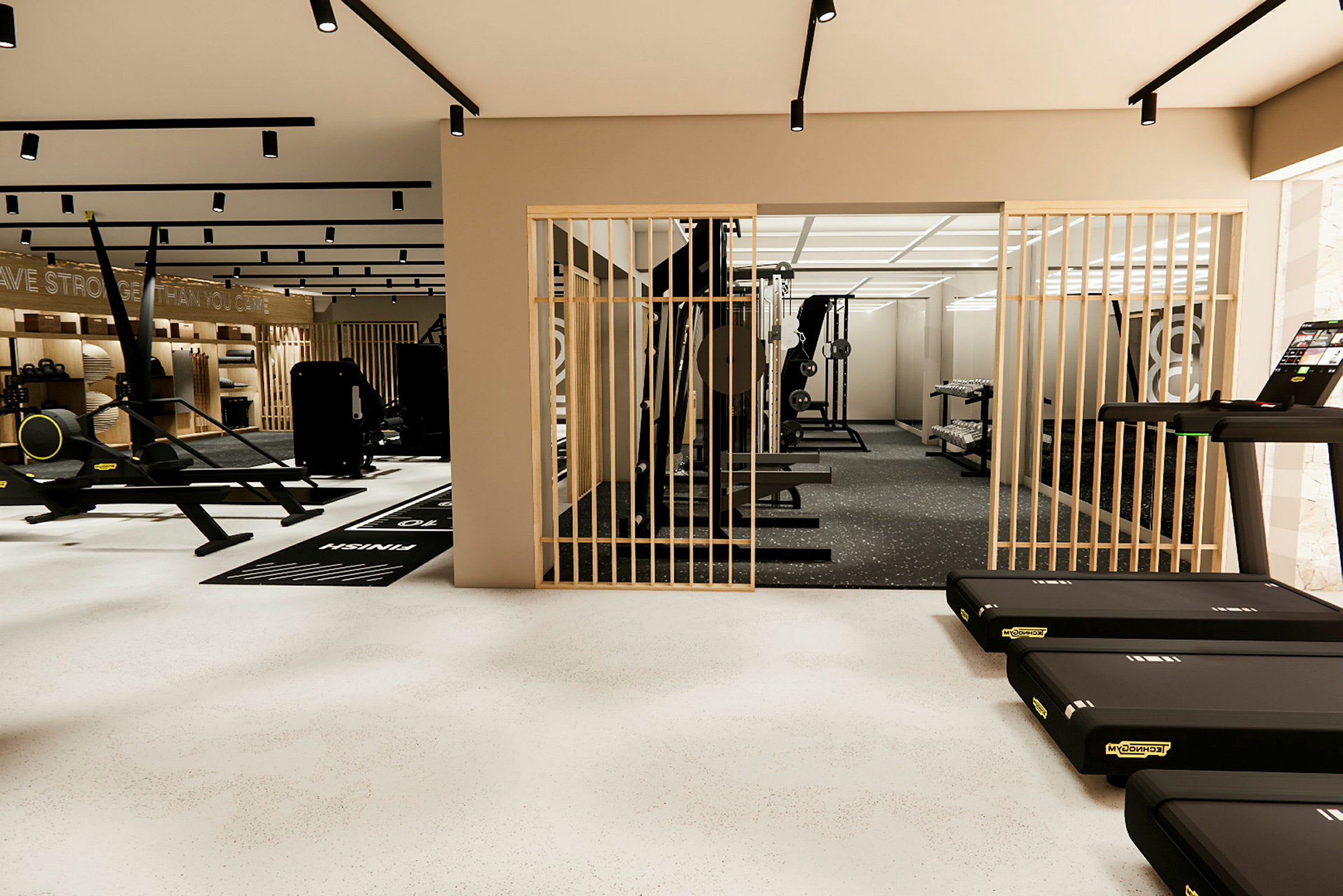 Ett gym med olika träningsmaskiner och utrustning, inklusive löpband och vikter. (AI-genererad text)