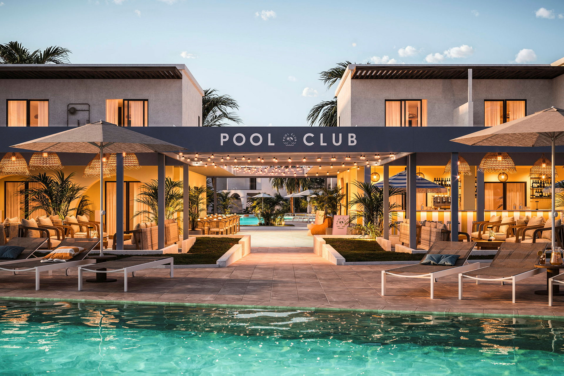 Bild av en poolklubb med solstolar vid en swimmingpool, omgiven av modern arkitektur och utomhusmöbler i en lounge-atmosfär. (AI-genererad text)
