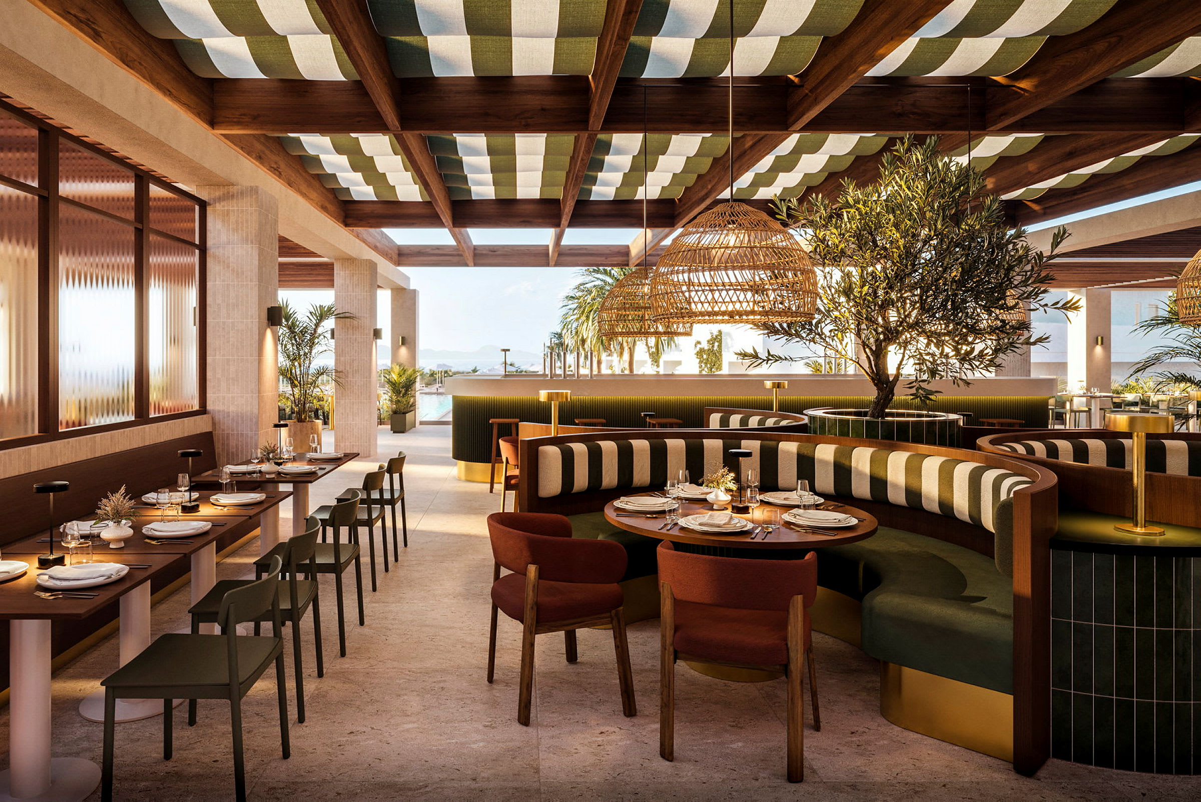 En modern restaurang med stilfull inredning och bord uppdukade för måltider. (AI-genererad text)