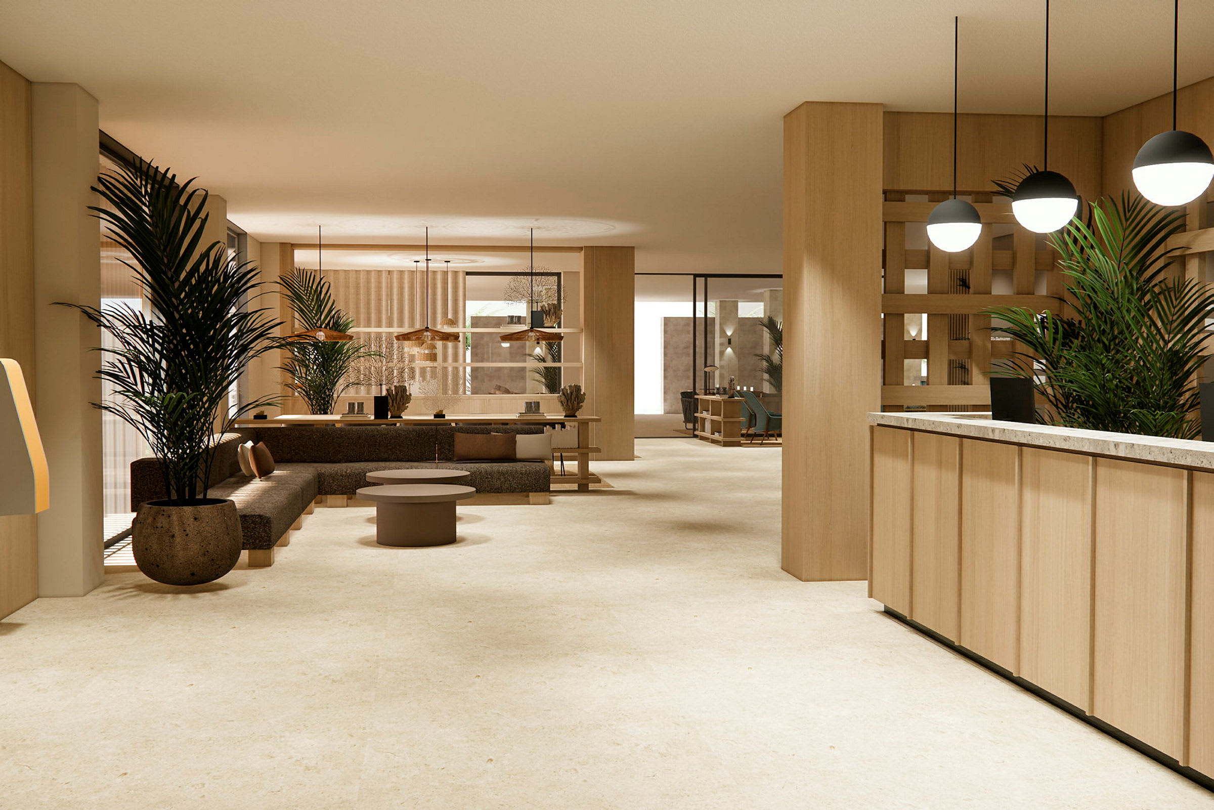 Interiör av ett modernt hotell med en reception, sittmöbler och dekorativa växter. (AI-genererad text)