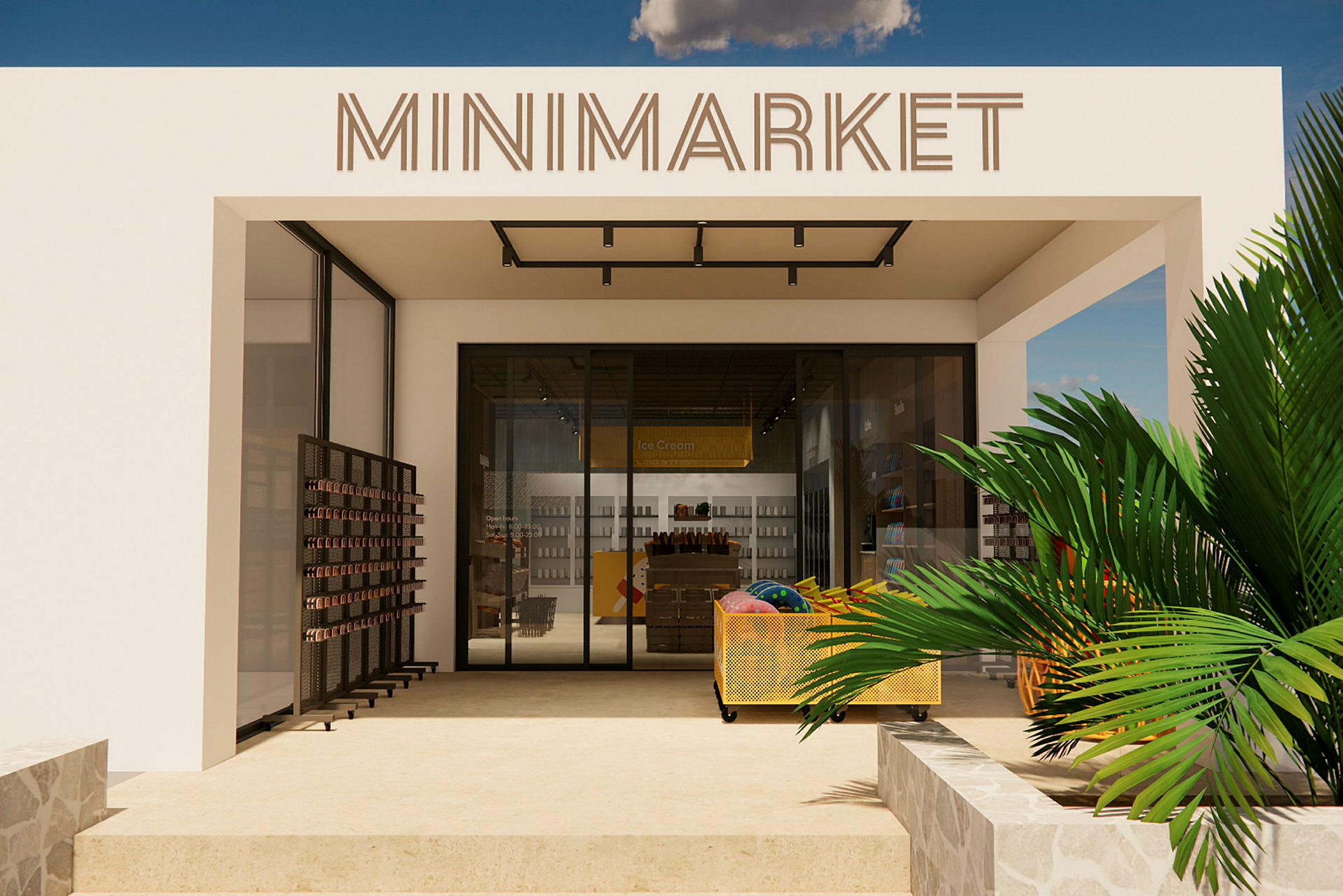 En liten butik med skylten "Minimarket" över ingången, omgiven av sol och gröna växter. (AI-genererad text)