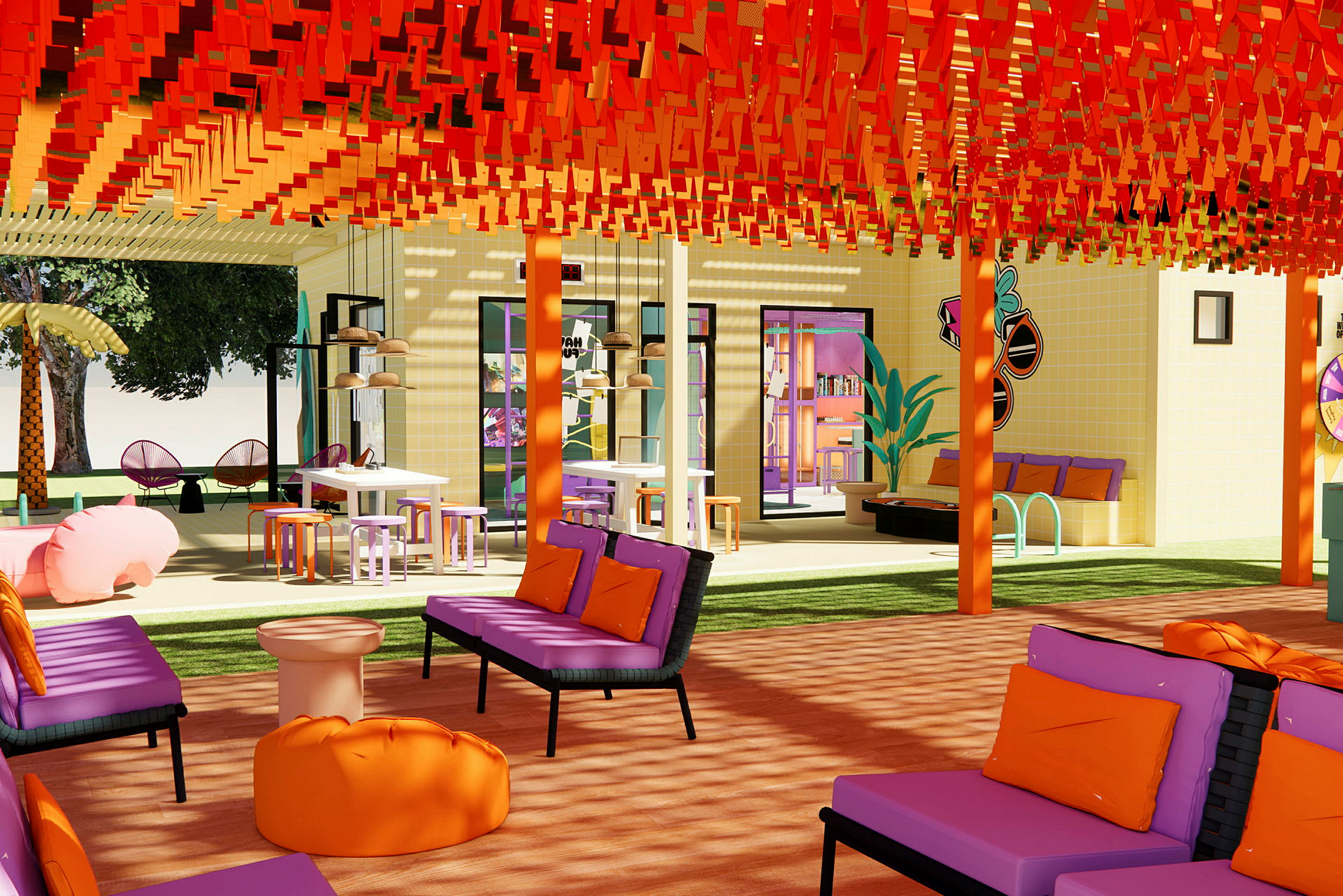 Ett färgglatt loungeområde med orange och lila möbler samt dekorationer. Taket är smyckat med röda hängande detaljer och området öppnar upp mot en innergård. (AI-genererad text)