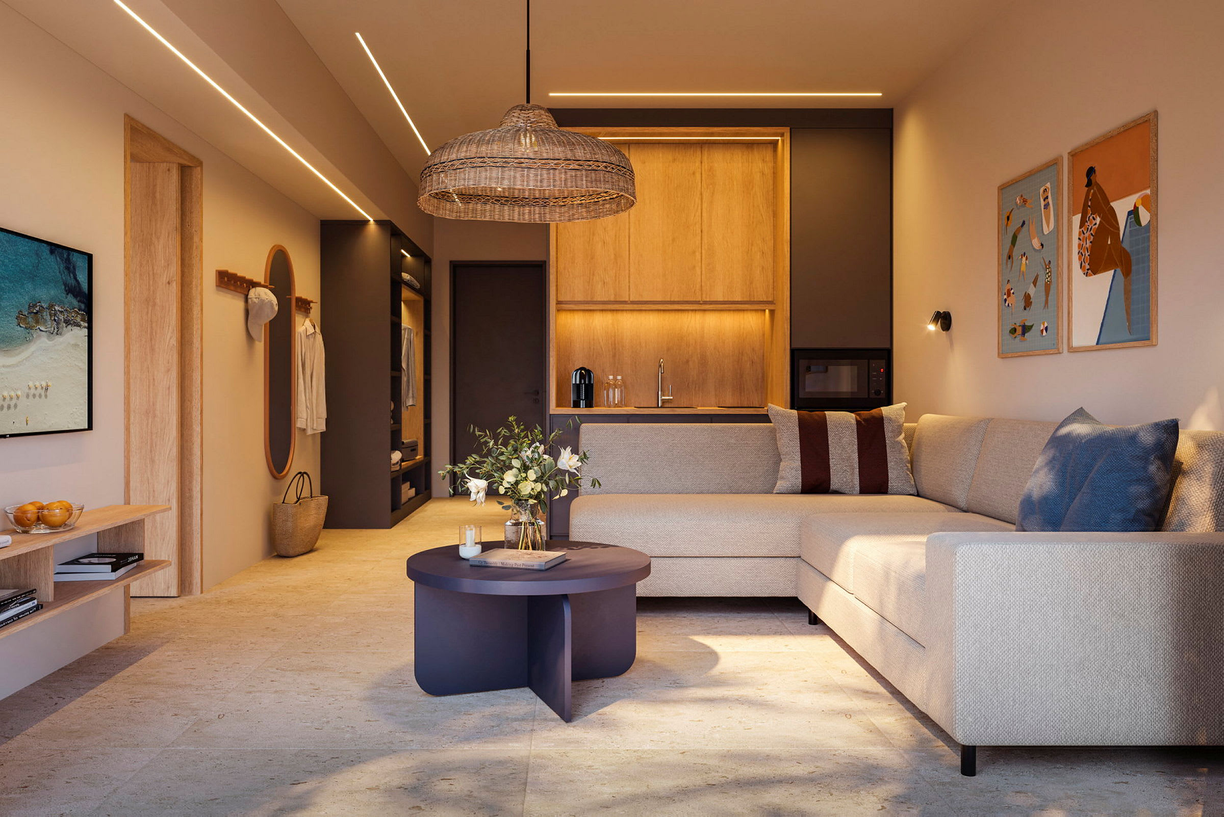 Ett modernt vardagsrum med en chic inredning bestående av en beige hörnsoffa, ett runt soffbord, dekorationer och en lampa i naturliga material. Ett integrerat kök syns i bakgrunden. (AI-genererad text)