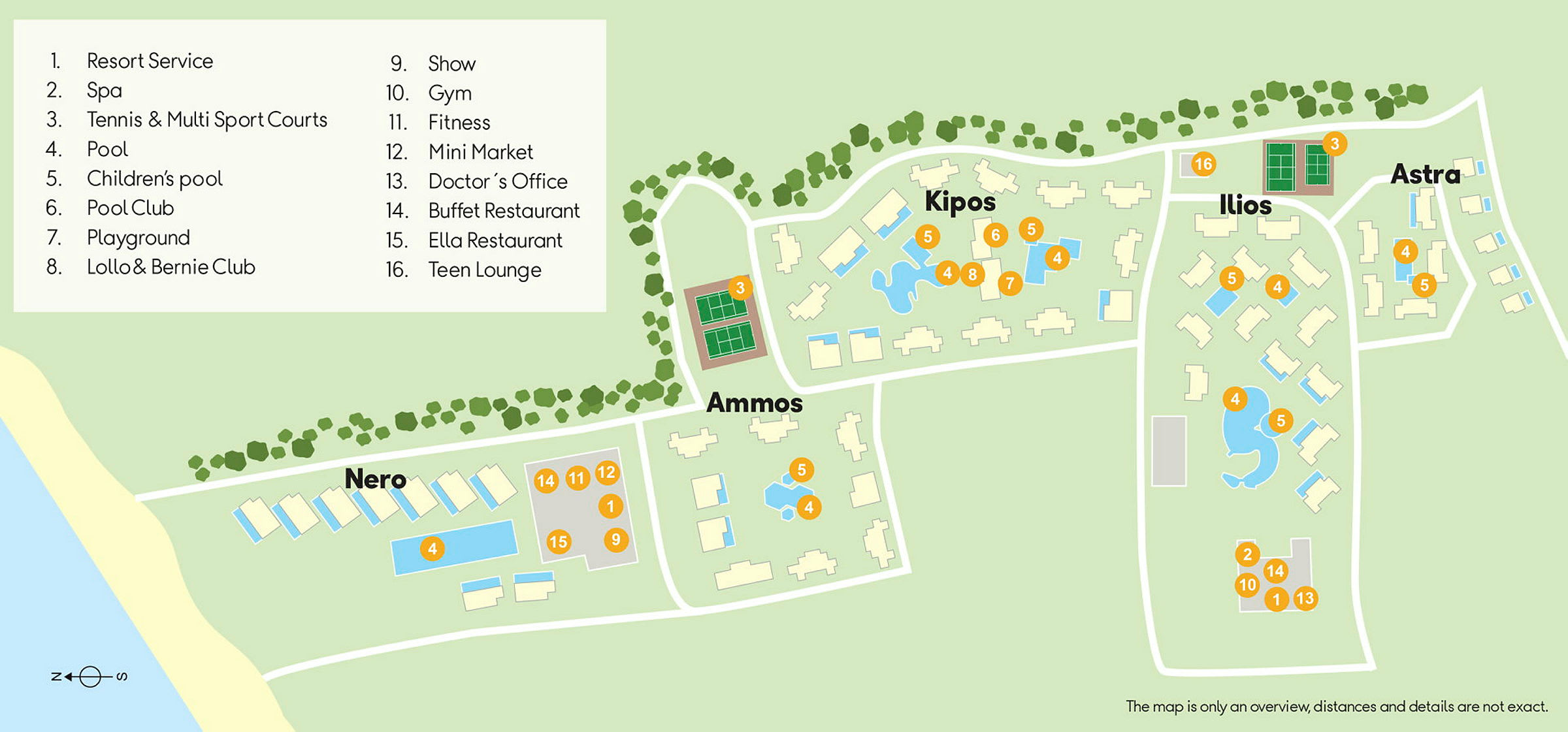 Illustrerad karta över en resort med områden och byggnader markerade med nummer och namn för olika faciliteter. (AI-genererad text)