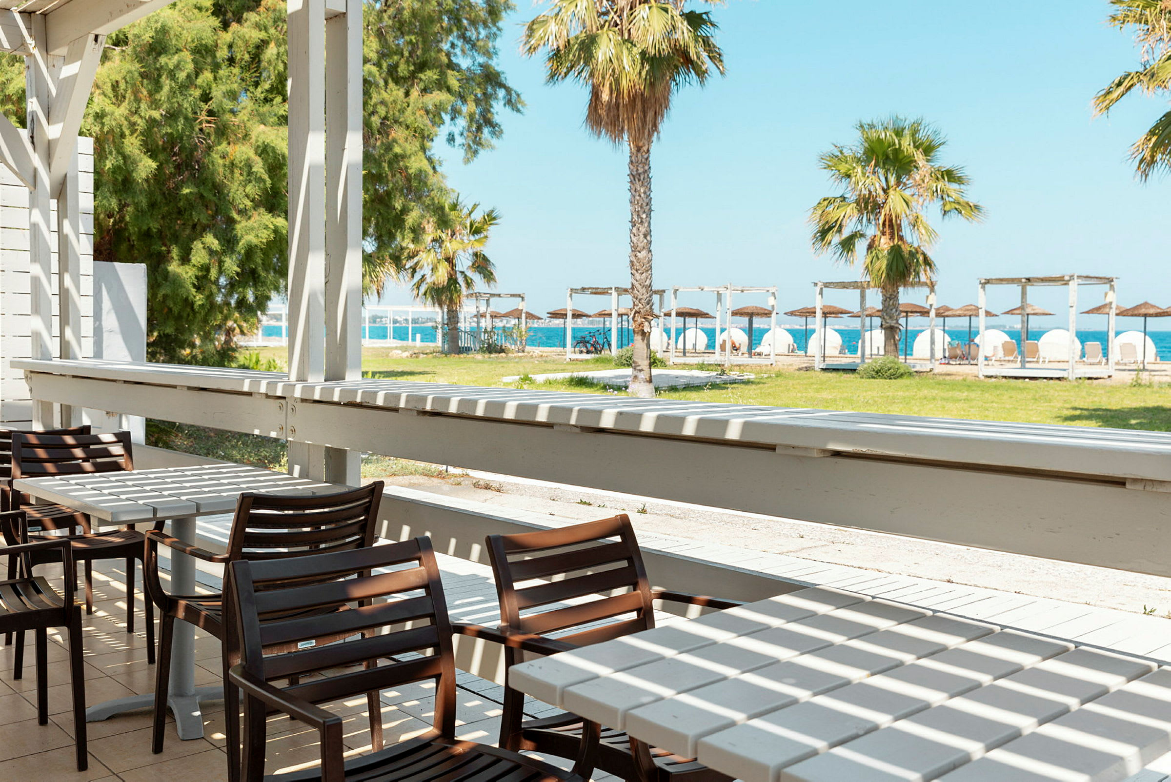 En terrass med bord och stolar, med utsikt över en grön gräsmatta, palmer och stranden i bakgrunden. (AI-genererad text)