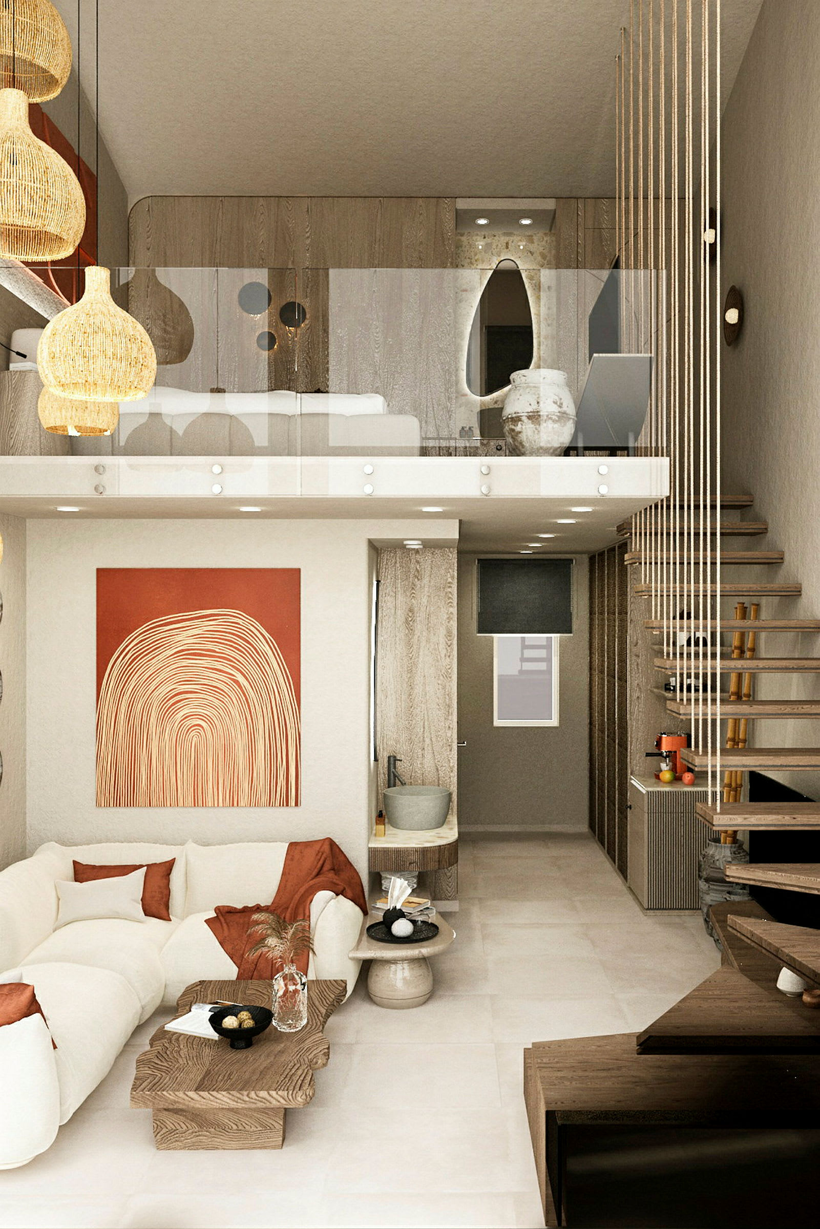 Ett loft med modern inredning, en vit soffa och trämöbler. (AI-genererad text)