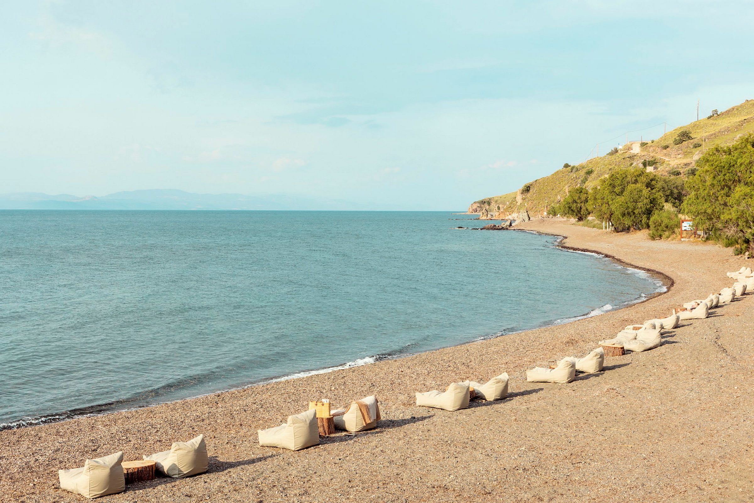 Bild av en stenstrand med havet i bakgrunden och sitsar på stranden. (AI-genererad text)