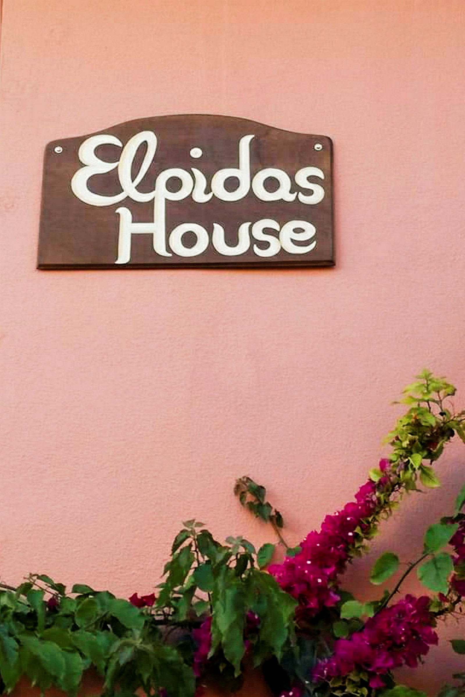 En skylt med texten 'Elpidas House' fäst på en rosa vägg ovanför en blommande planta. (AI-genererad text)