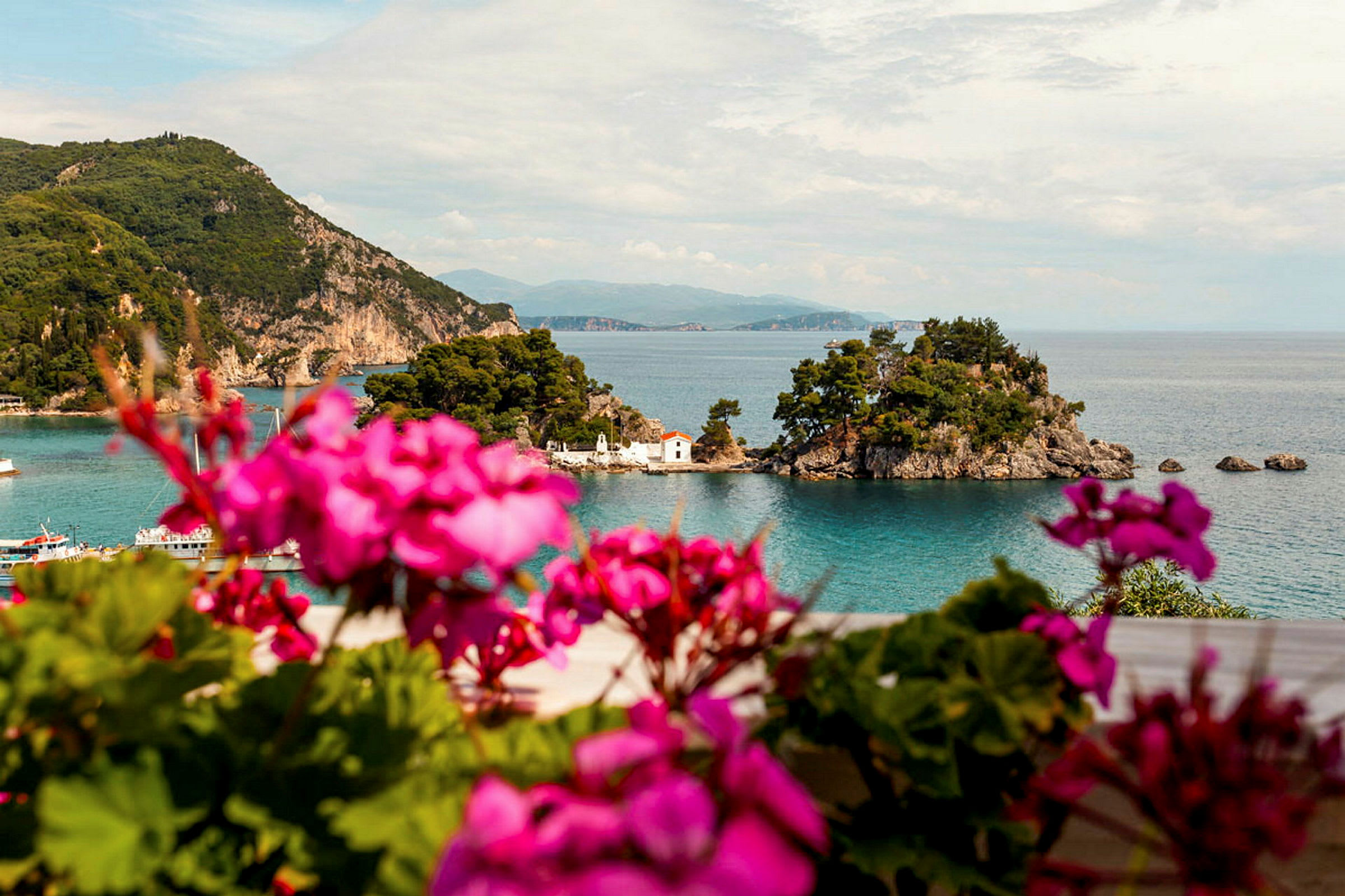 Ett naturskönt landskap med en liten ö i havet, omgiven av gröna träd och berg i bakgrunden. Framför ligger färgglada blommor. (AI-genererad text)