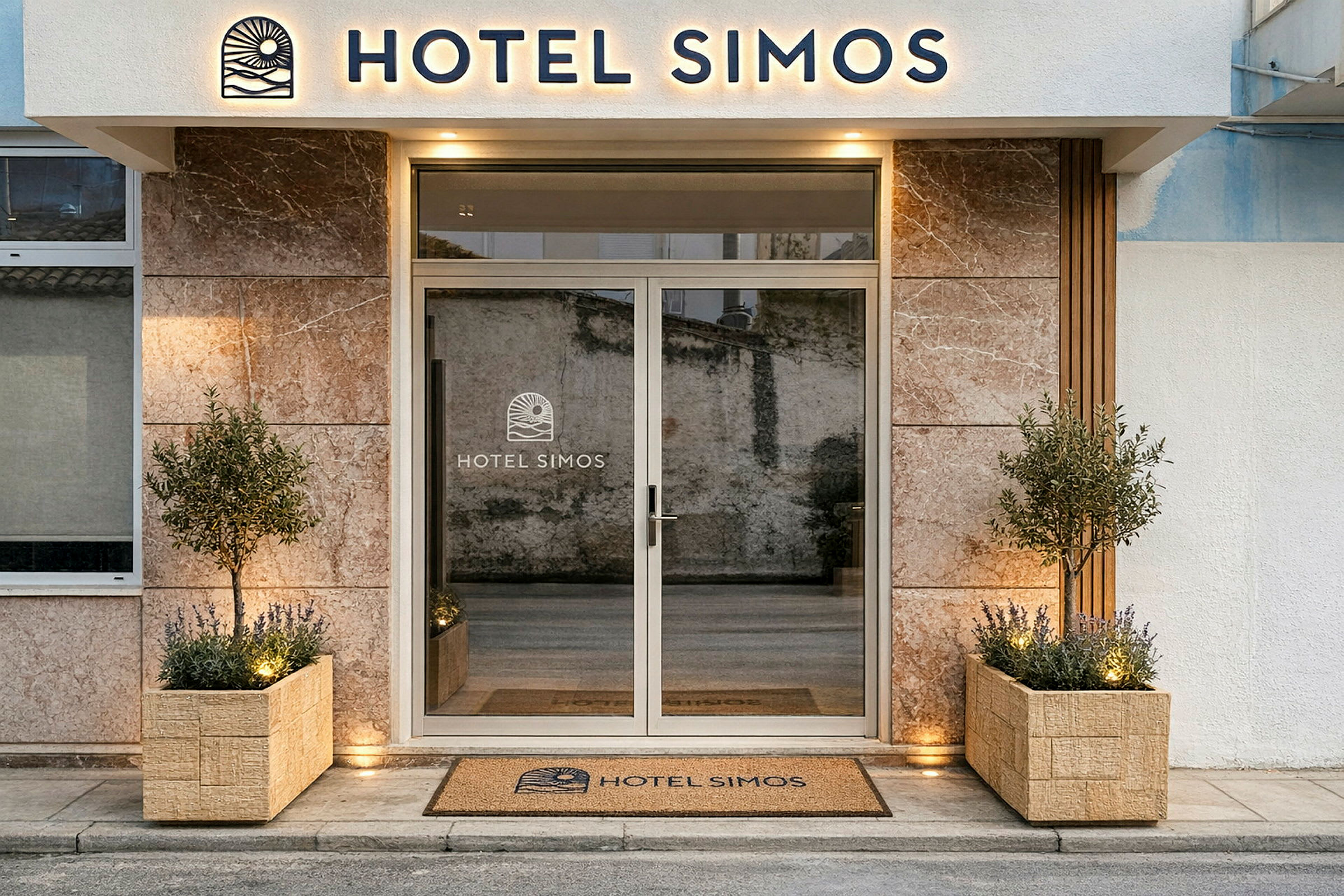 Entré till Hotel Simos med dekorerade blomlådor och en glasdörr. (AI-genererad text)