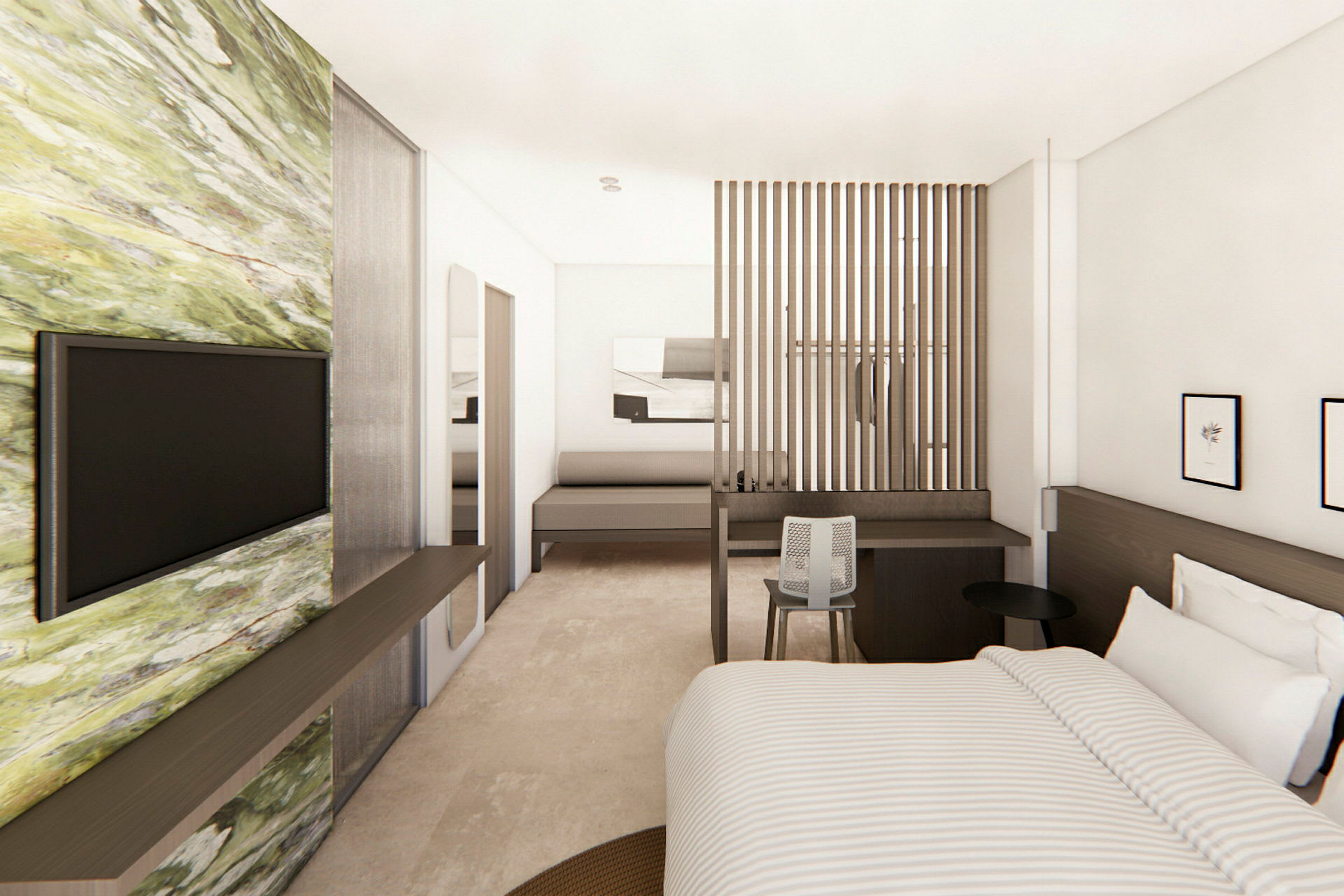 Ett modernt hotellrum med en säng, skrivbord, stol och platt-TV. (AI-genererad text)