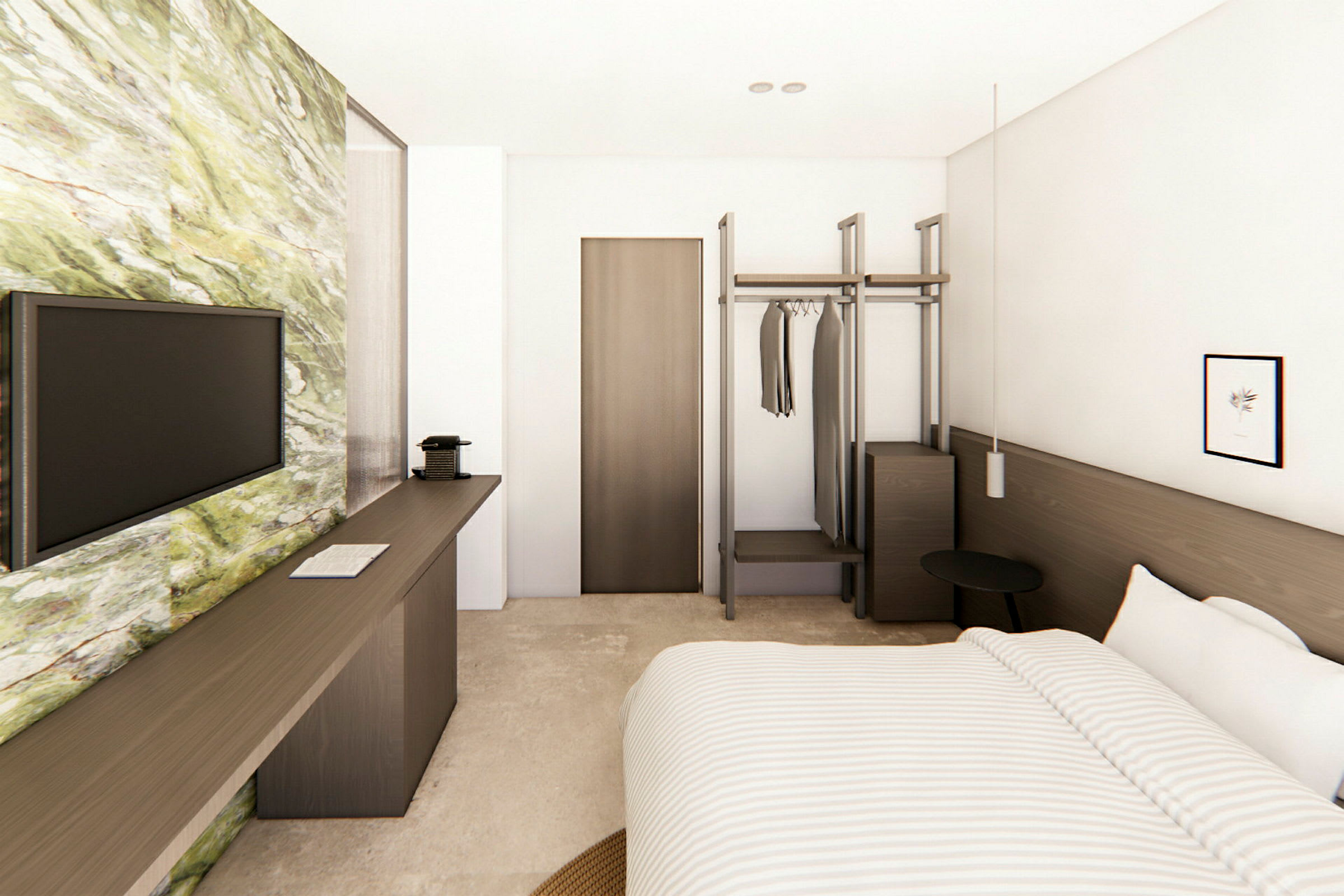 Välutrustat hotellrum med en säng, tv, skrivbord och garderob. (AI-genererad text)