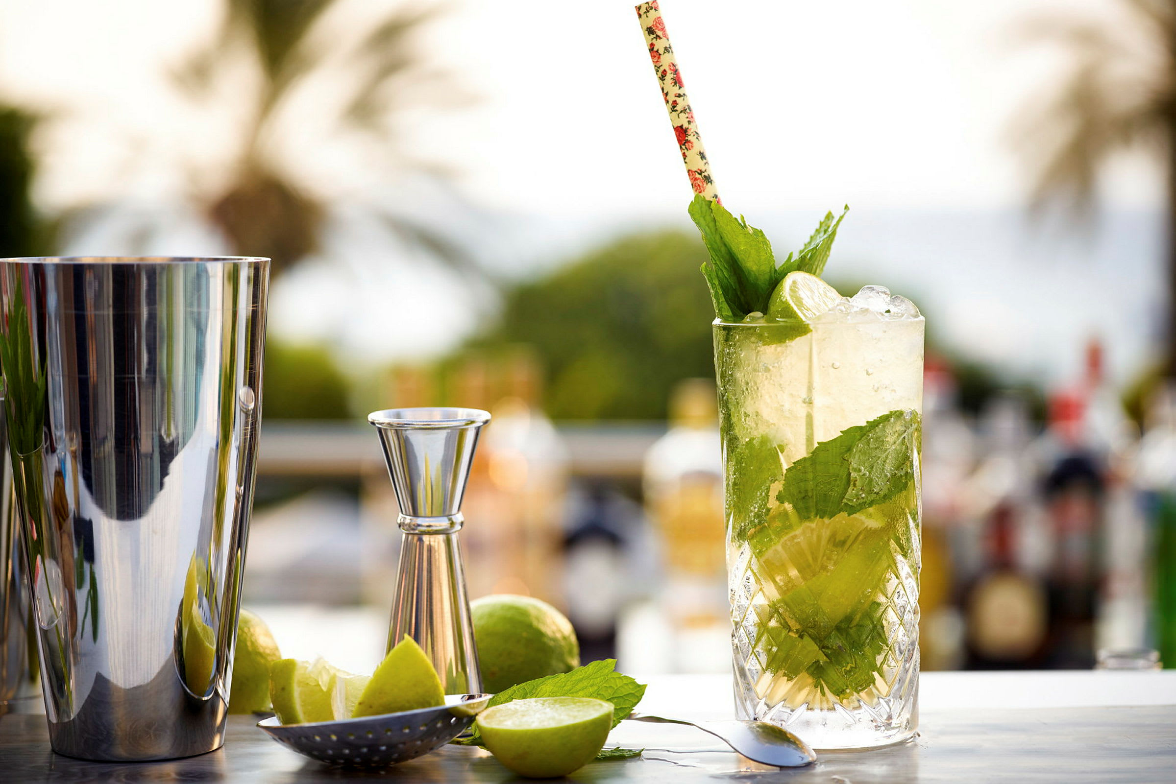 Ett glas med en mojito är dekorerat med en sugrör och mynta, omgiven av bartenderutrustning. (AI-genererad text)