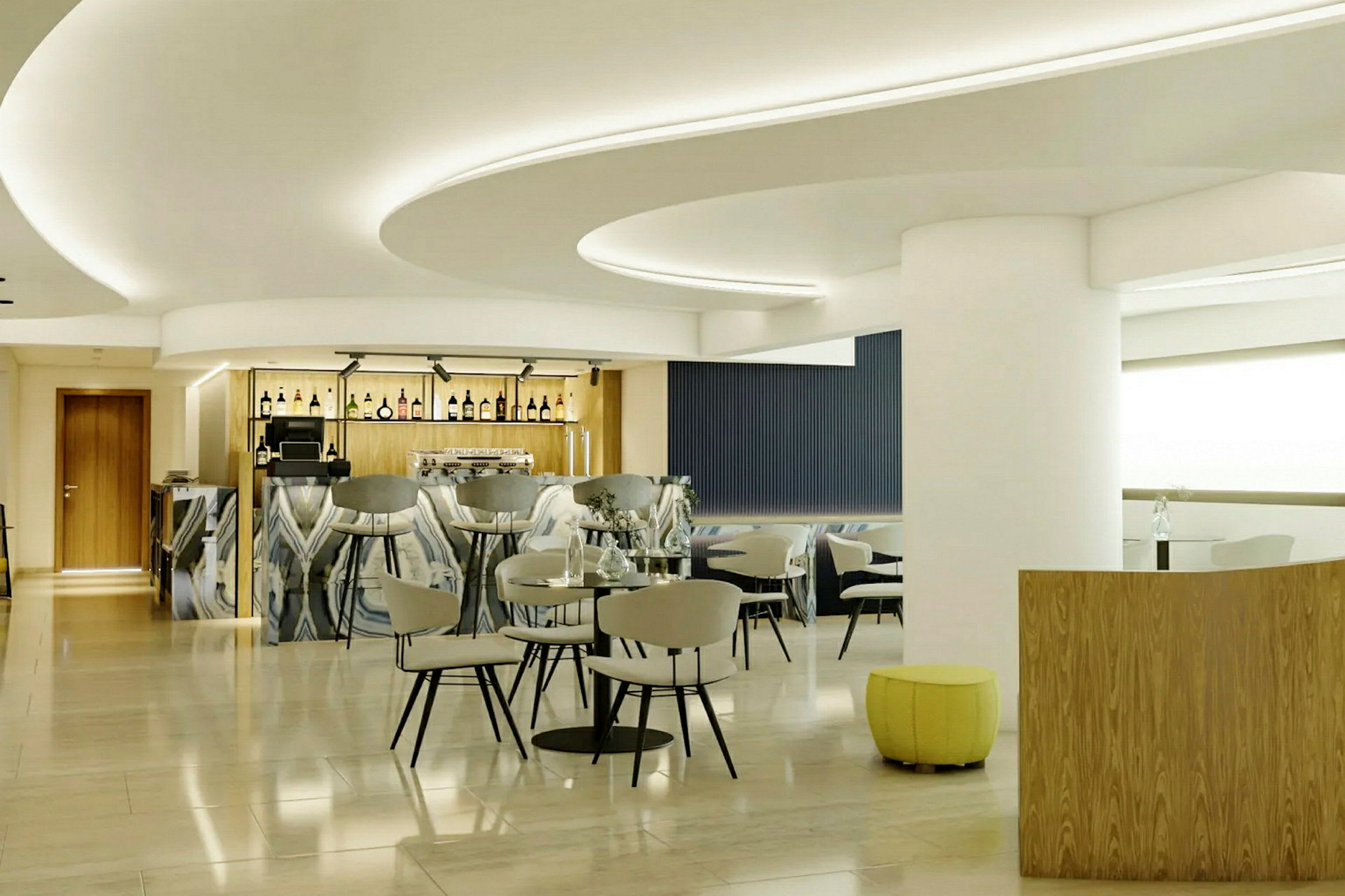 En modern kafélokal med eleganta sittgrupper och en bardisk. (AI-genererad text)