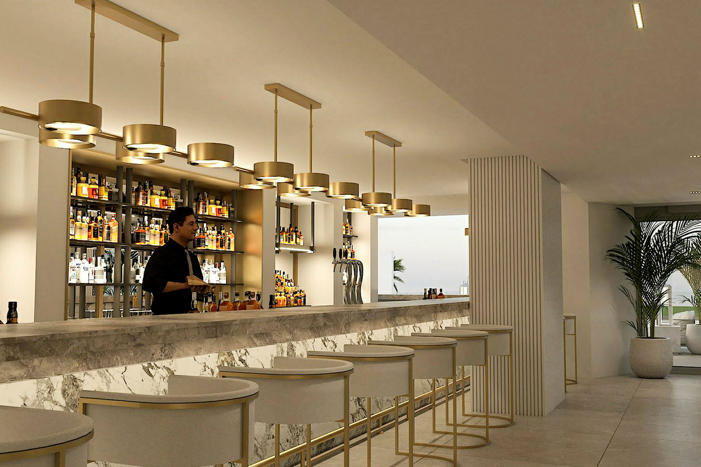 Modern bar med marmordisk och välfyllda hyllor under hängande lampor. (AI-genererad text)