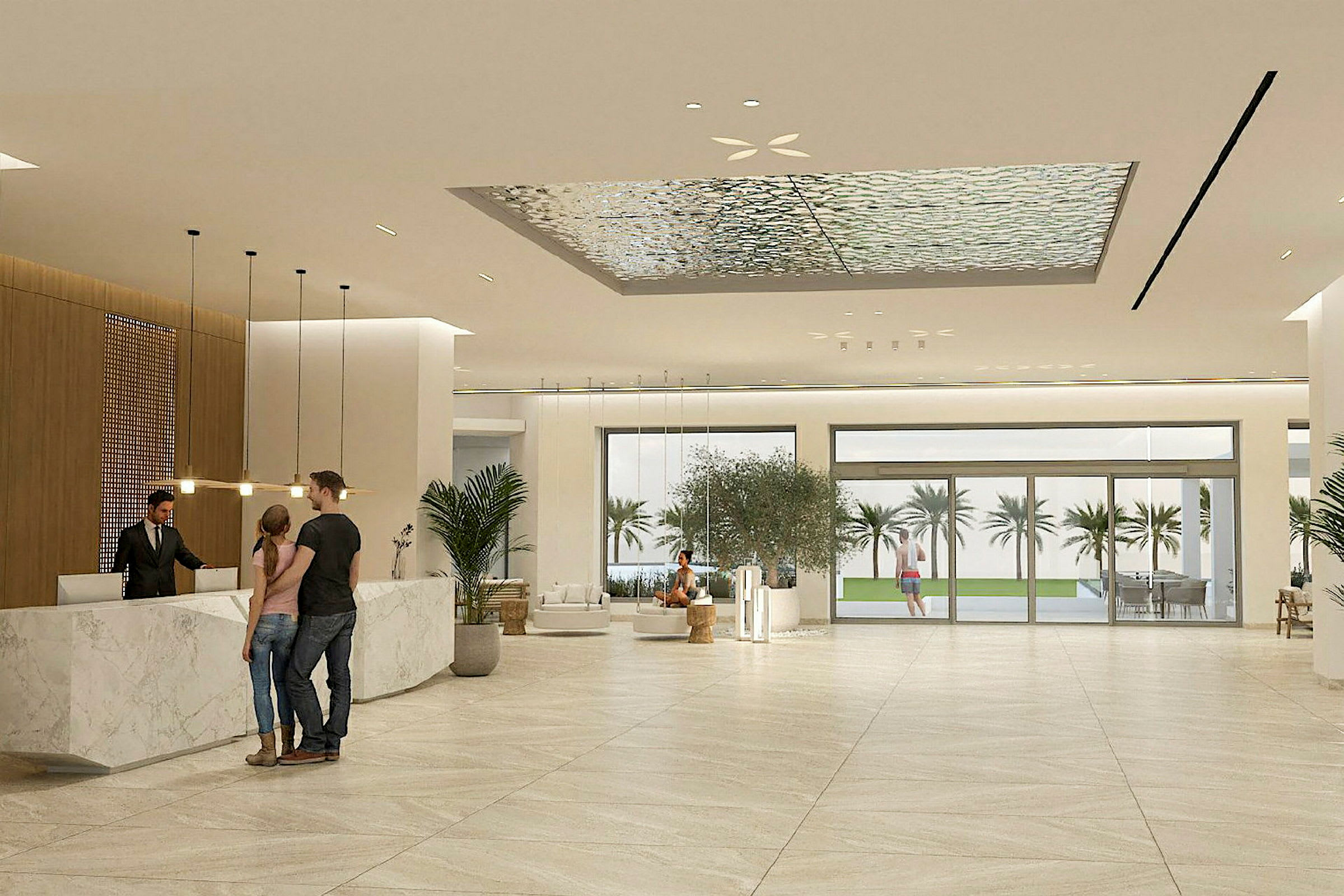 Hotellobby med stor glasentré, reception med marmordisk och elegant inredning. (AI-genererad text)