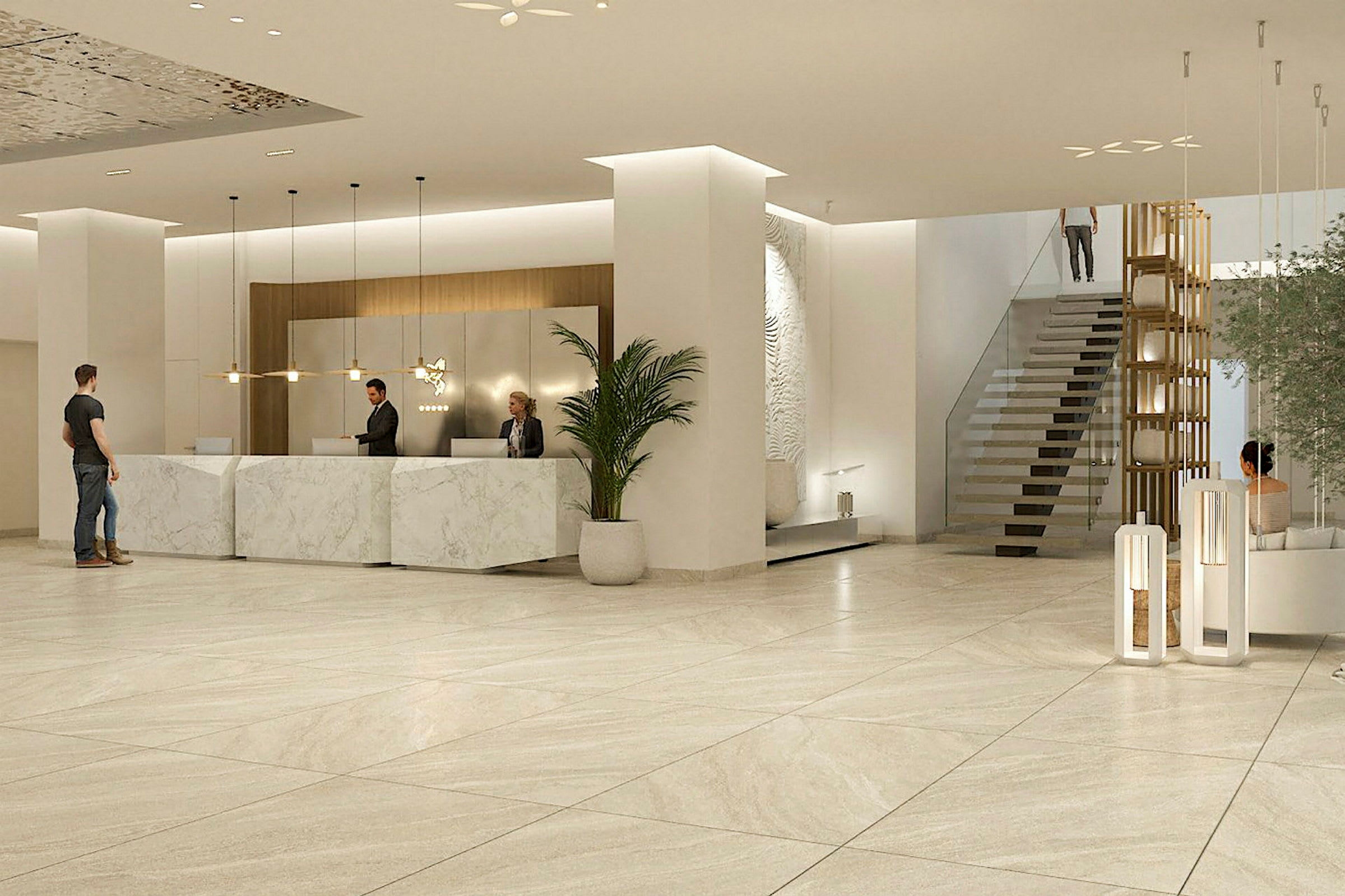 Hotellets reception med marmorväggar och trappor i modern inredning. (AI-genererad text)