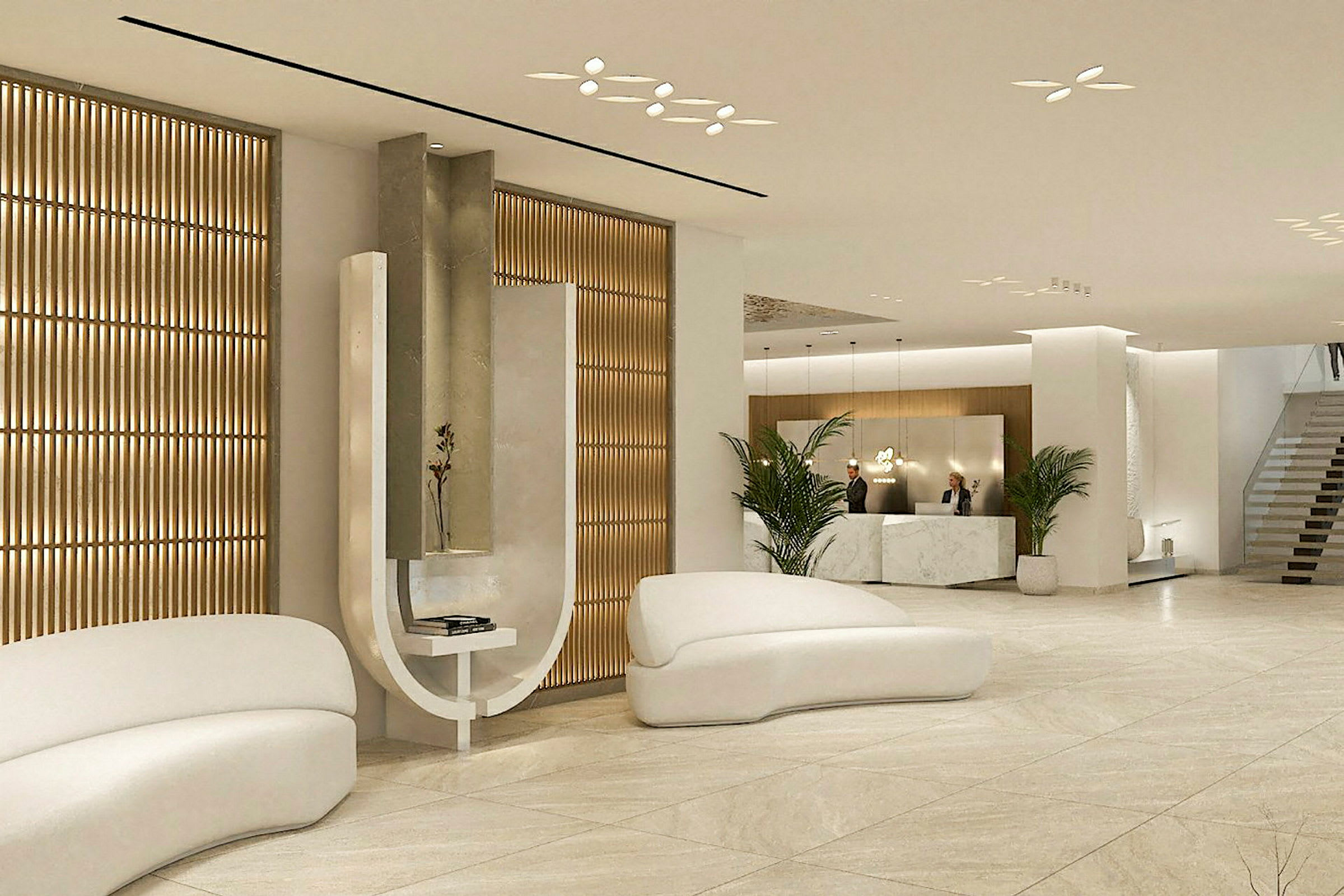 Modern hotellobby med reception och sittmöbler. (AI-genererad text)