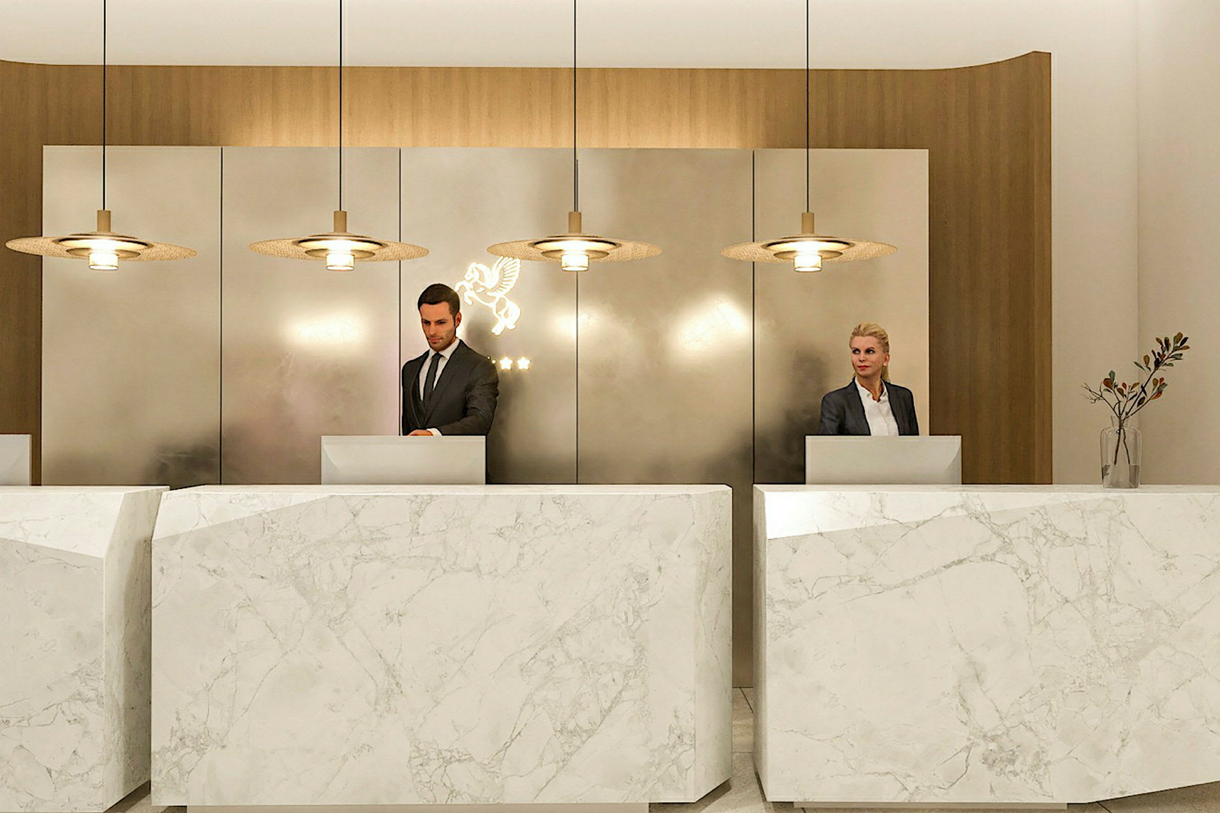 Reception i hotellets lobby med marmordiskar och moderna taklampor. (AI-genererad text)