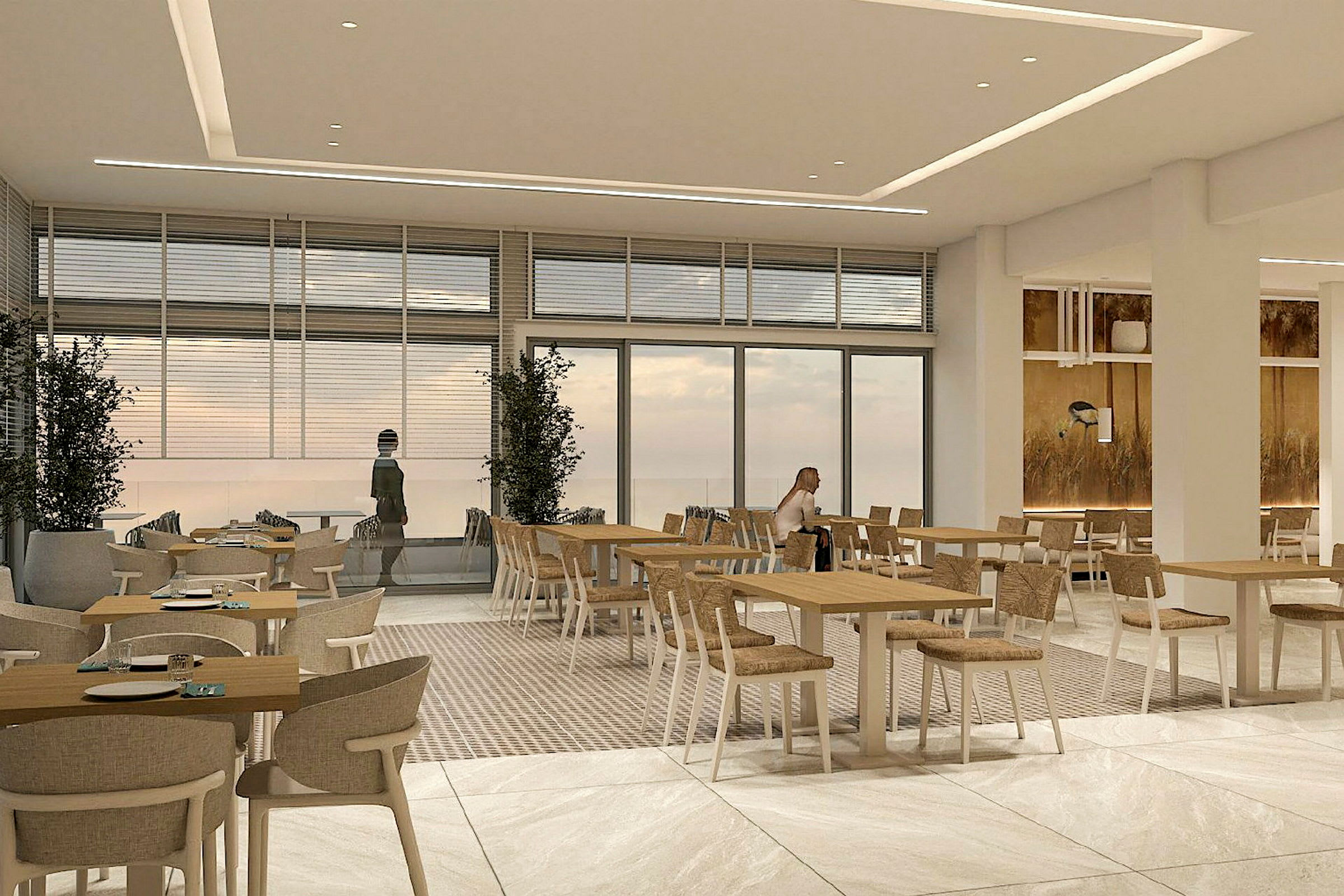 Restaurang med moderna möbler och stora fönster med utsikt. (AI-genererad text)