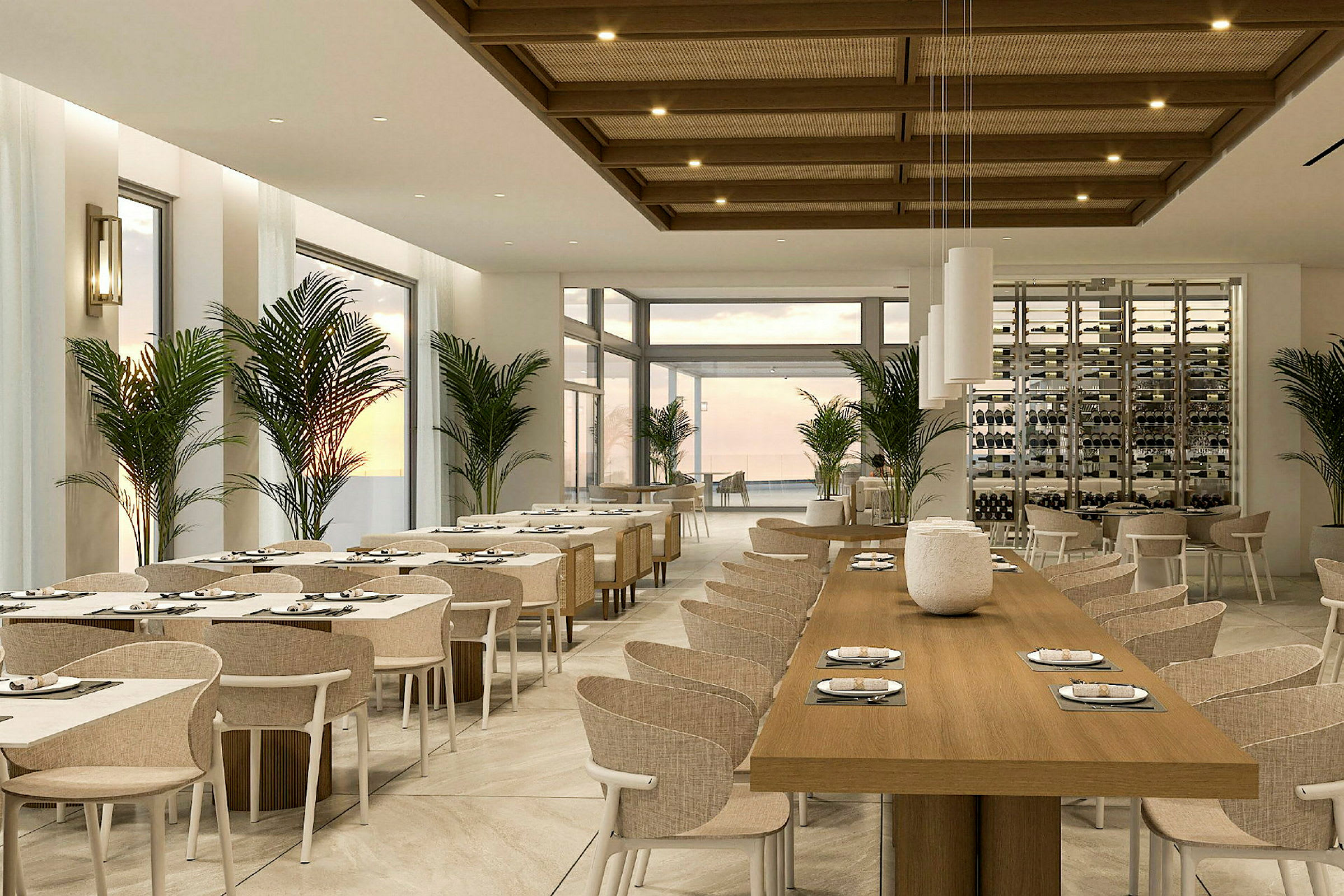En modern restaurang med vita väggar, trämöbler och bord täckta med dukar. (AI-genererad text)