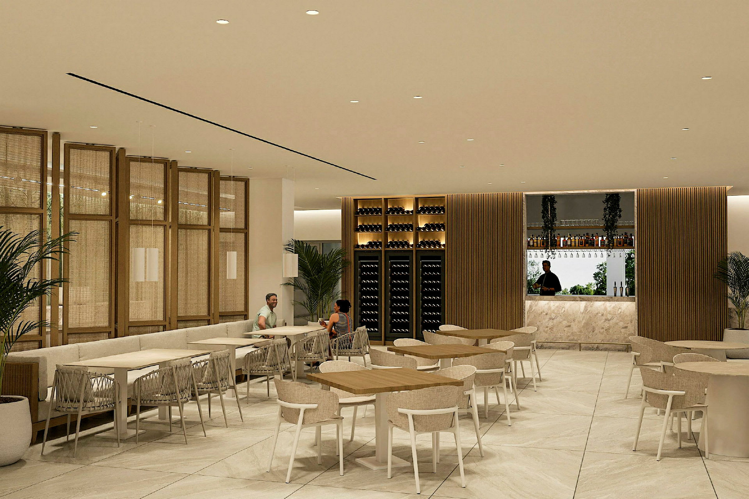 Interiör av en modern restaurang med sittgrupper, bar och vinförvaring. (AI-genererad text)