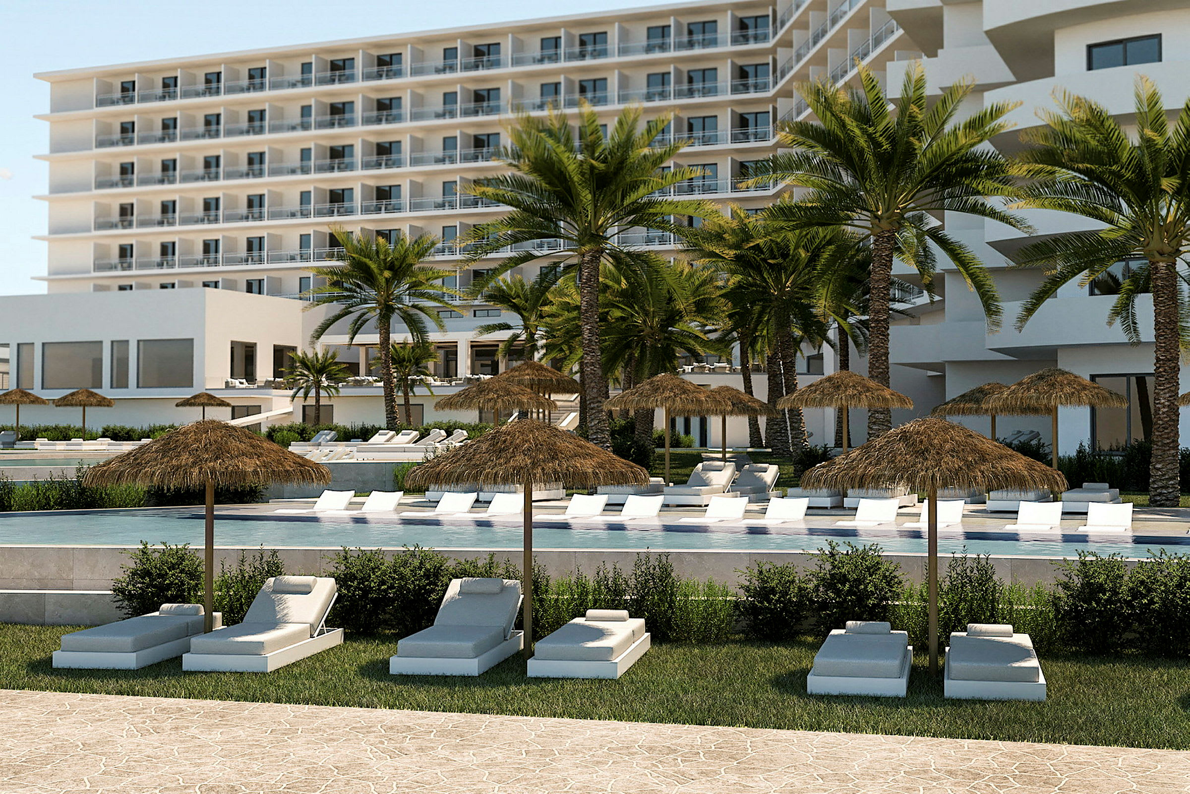 Hotellbyggnad med poolområde, solstolar och parasoller. (AI-genererad text)