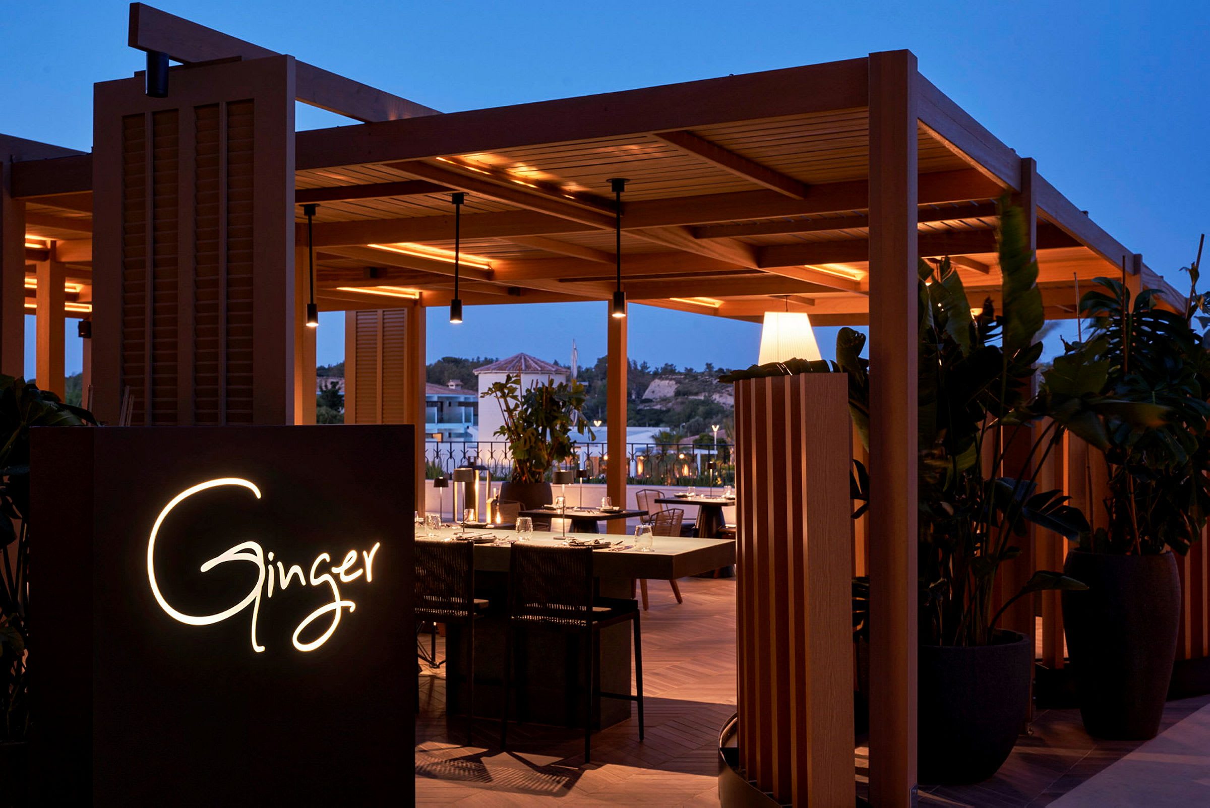 Restaurangen Ginger med trädesign under schemer belysning, omgiven av växter. (AI-genererad text)