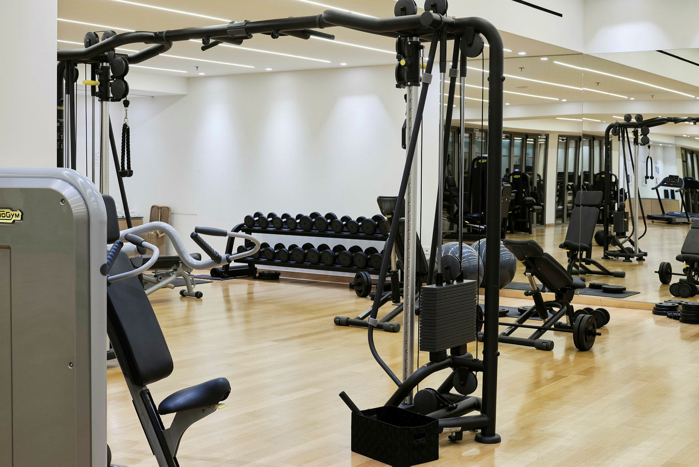 Ett gym med olika träningsmaskiner och fria vikter. (AI-genererad text)