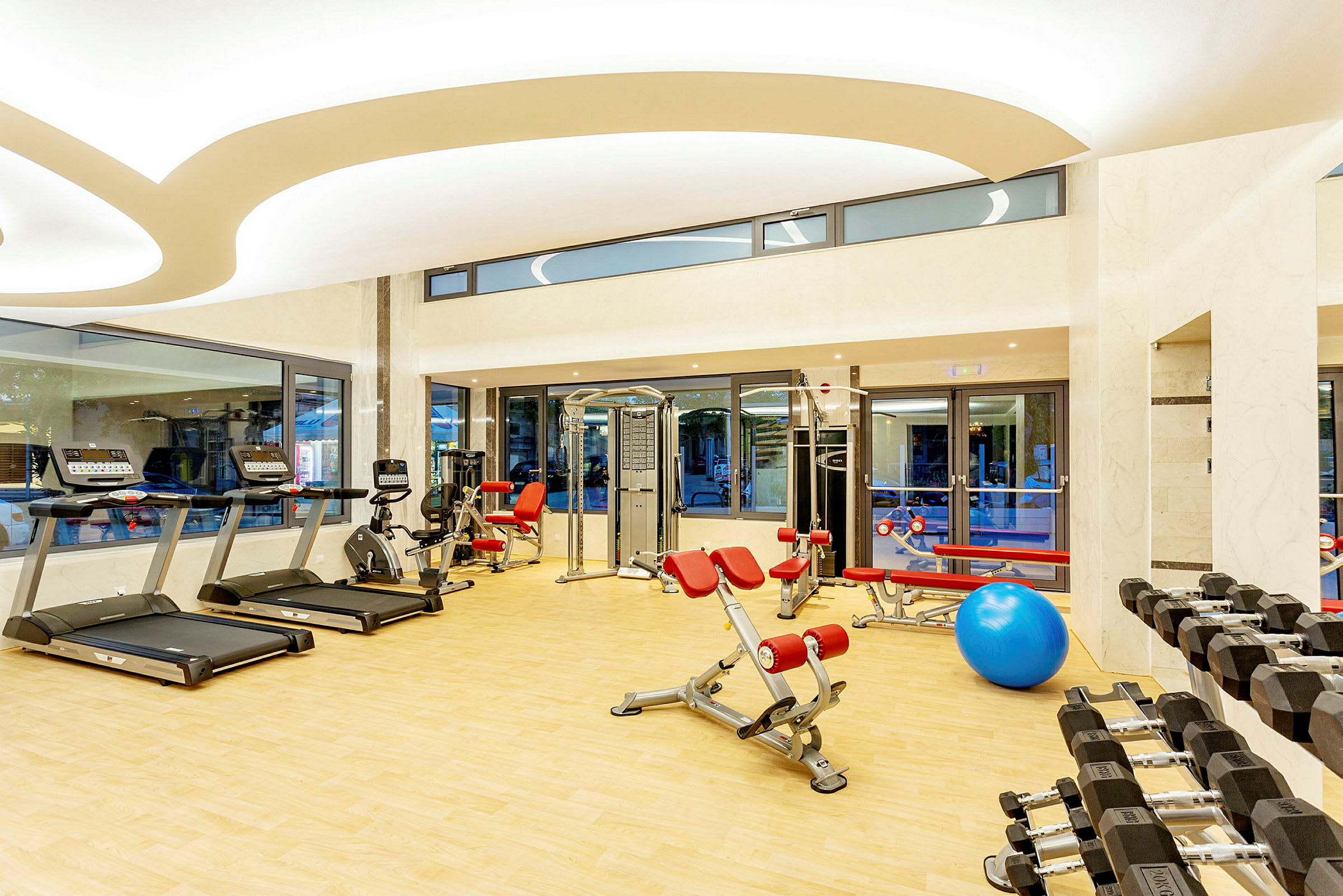 Ett gym med träningsmaskiner, fria vikter och en stor blå pilatesboll. (AI-genererad text)