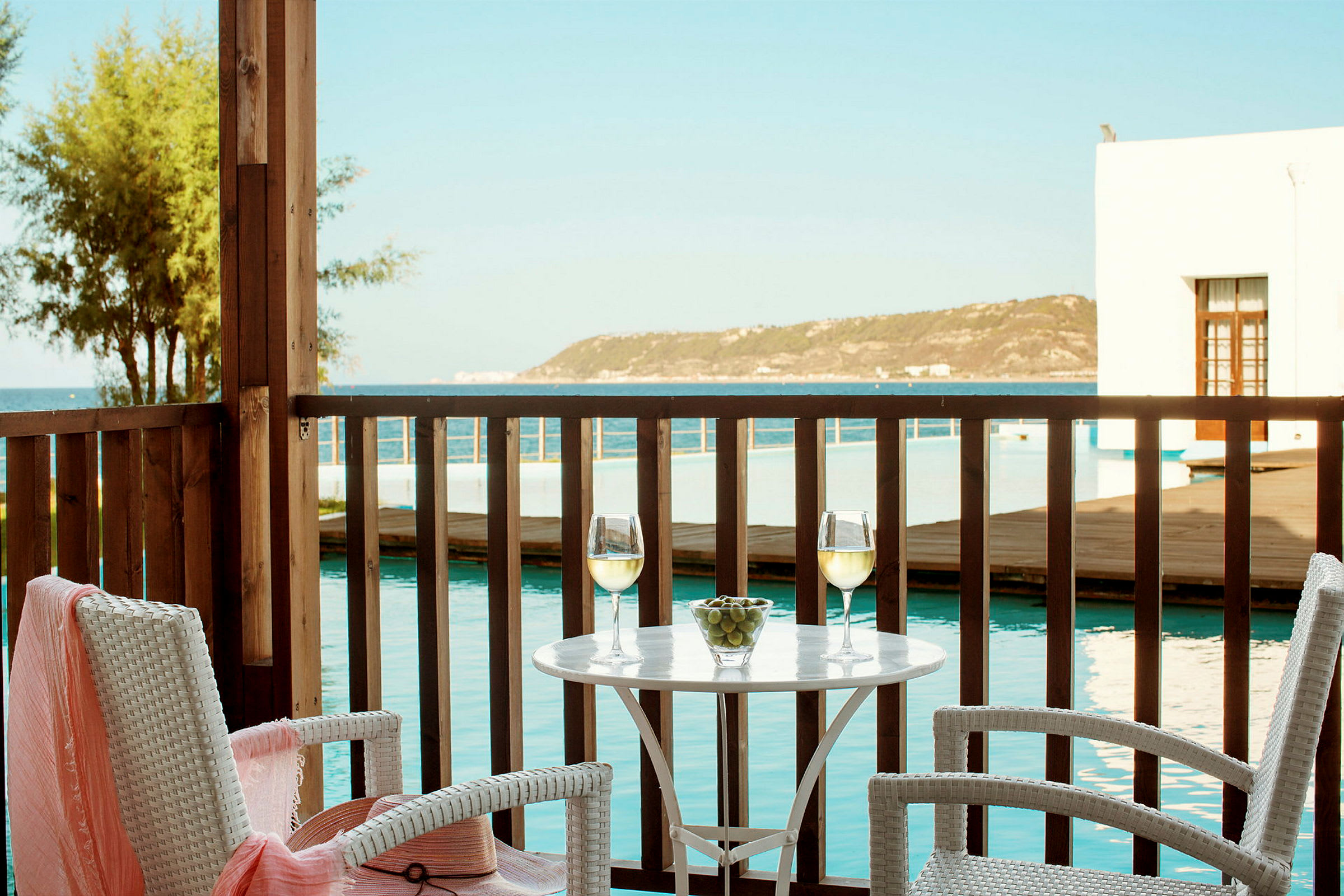 Två glas vitt vin och en skål med vindruvor på ett bord vid en terrass med utsikt mot havet. (AI-genererad text)