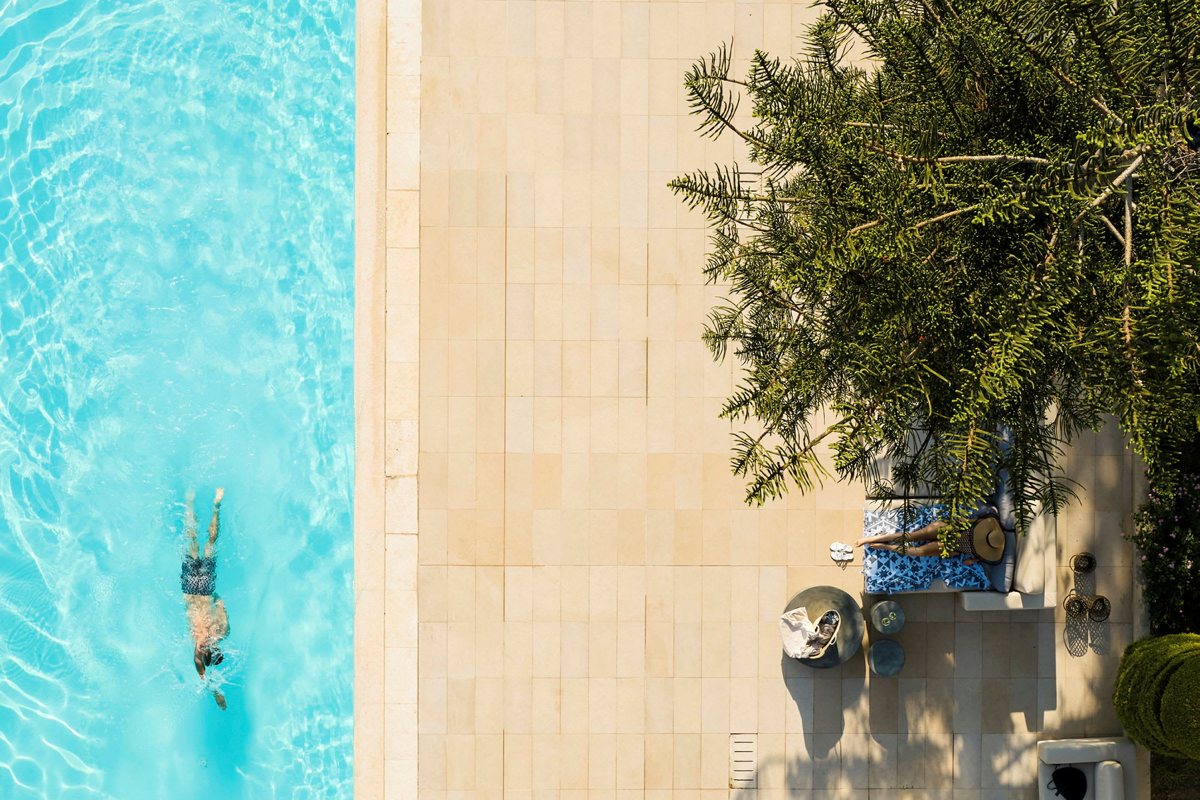 En person simmar i en klarblå pool. Bredvid poolen finns en person som ligger på en solstol under ett träd. (AI-genererad text)