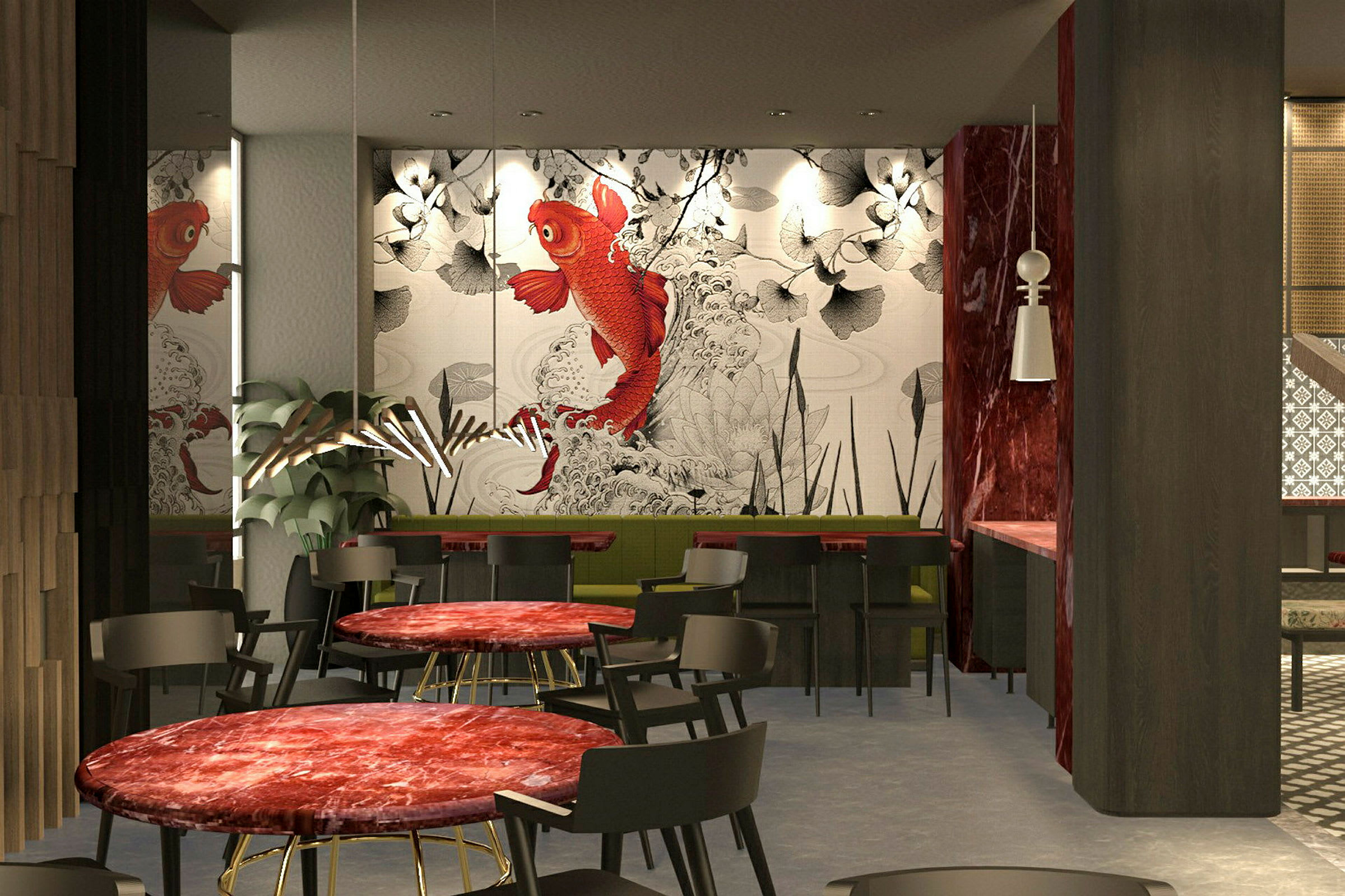 En restaurang med runda, röda marmorbord, svarta stolar och en väggdekoration föreställande en stor orange fisk i ett akvarellmotiv. (AI-genererad text)