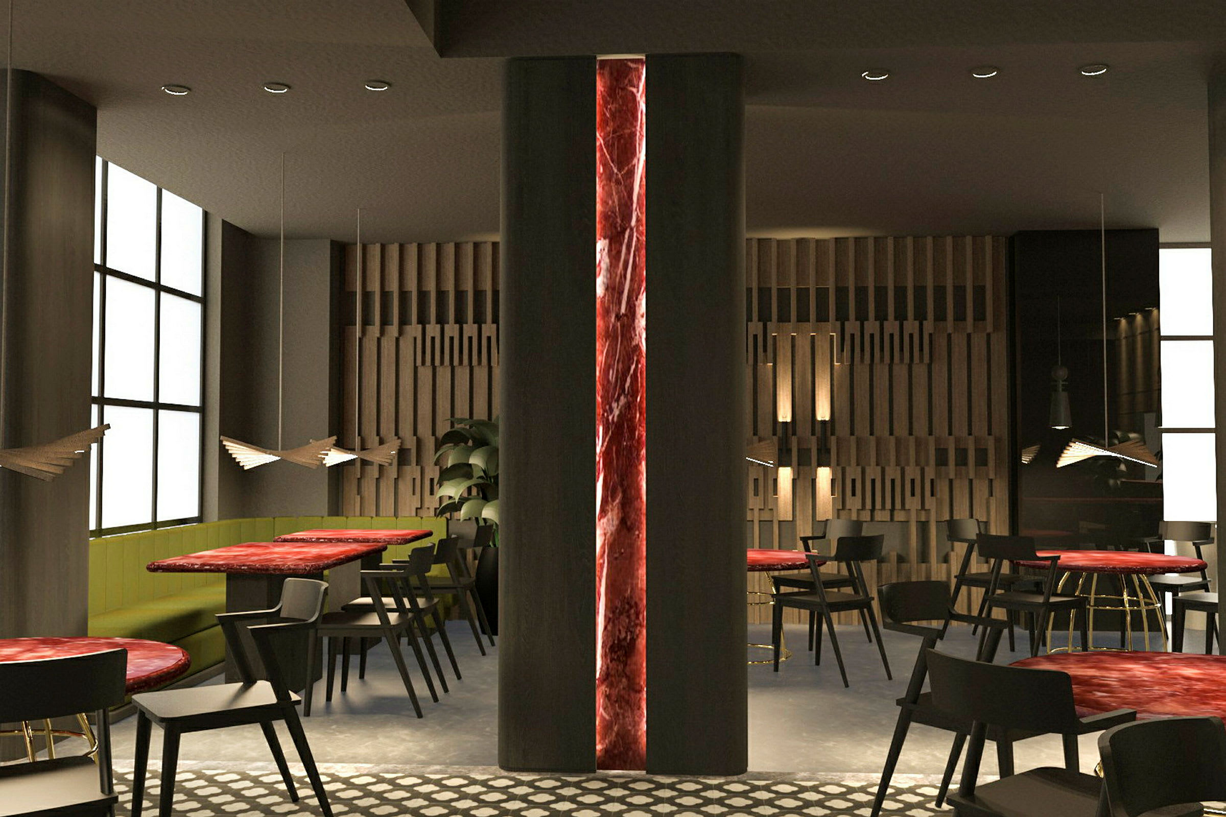 Modern restauranginteriör med marmorbord, svarta stolar och dekorativ belysning. (AI-genererad text)