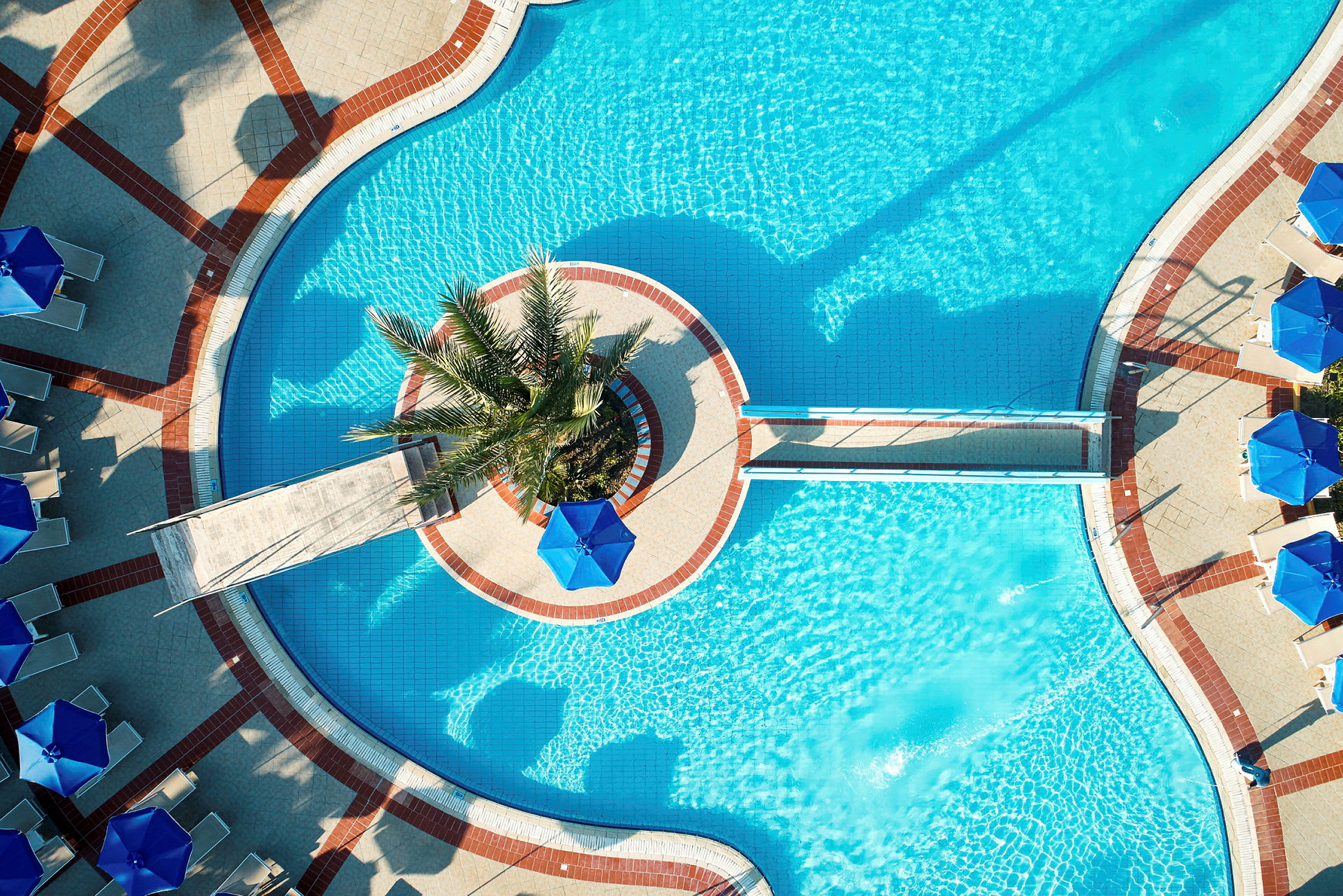 Vy ovanifrån av en blå swimmingpool med palmer och parasoller. (AI-genererad text)